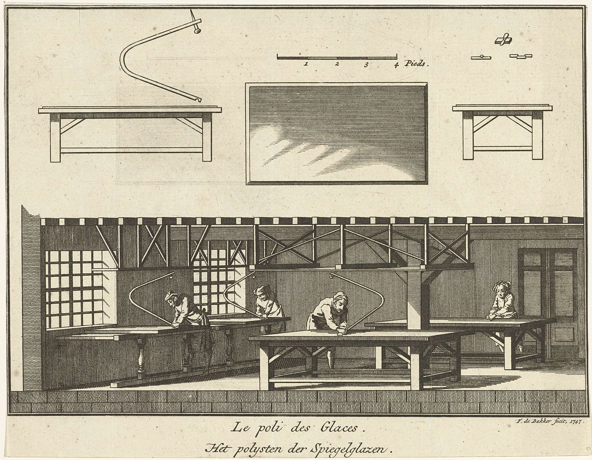 Werkplaats met mannen die spiegels polijsten by Frans de Bakker