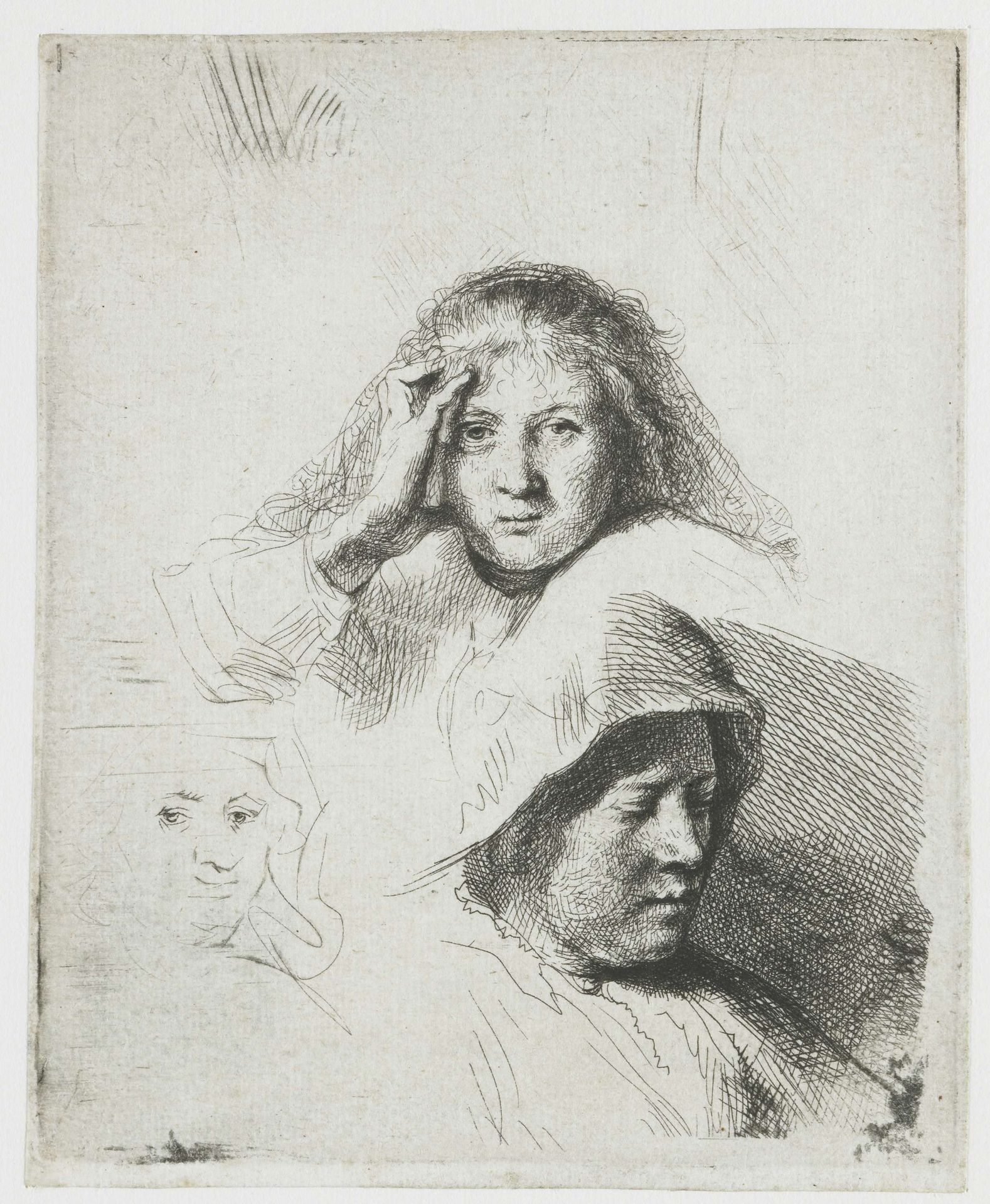 Three heads of women, one lightly etched by Rembrandt van Rijn