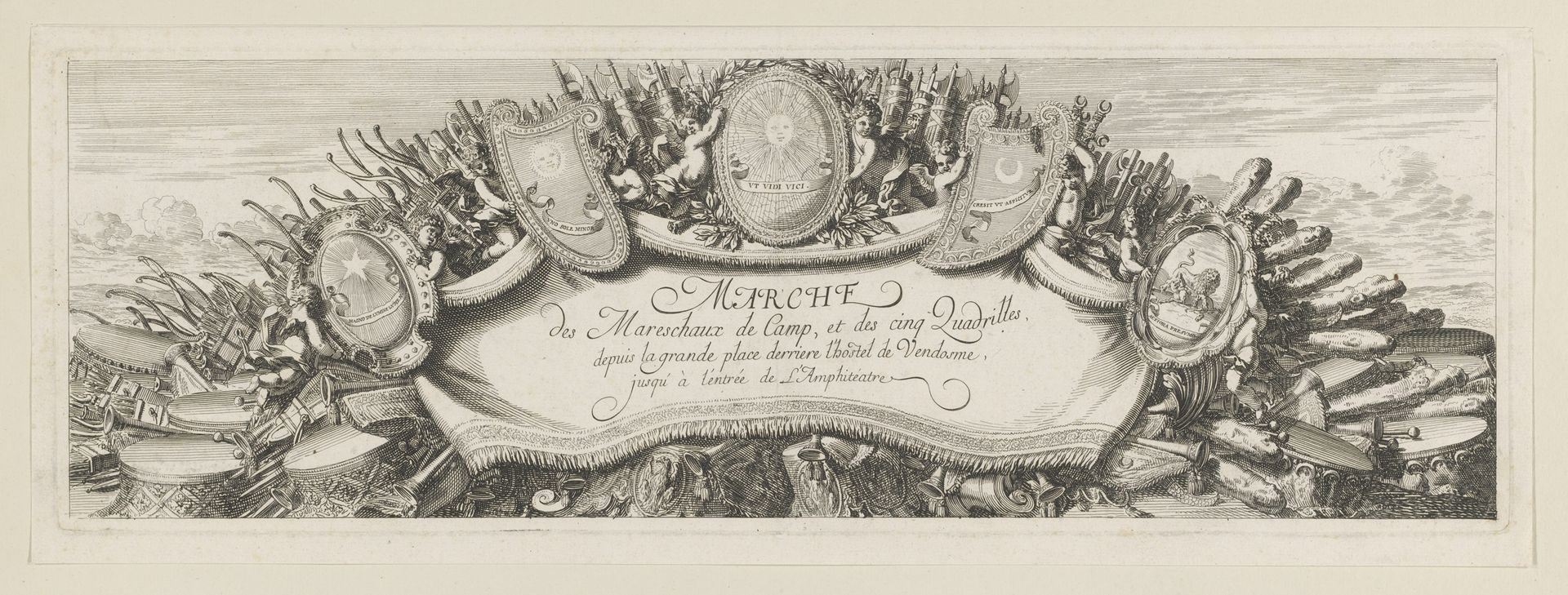 Draperie omringd door wapenschilden en oorlogsattributen by Israel Silvestre
