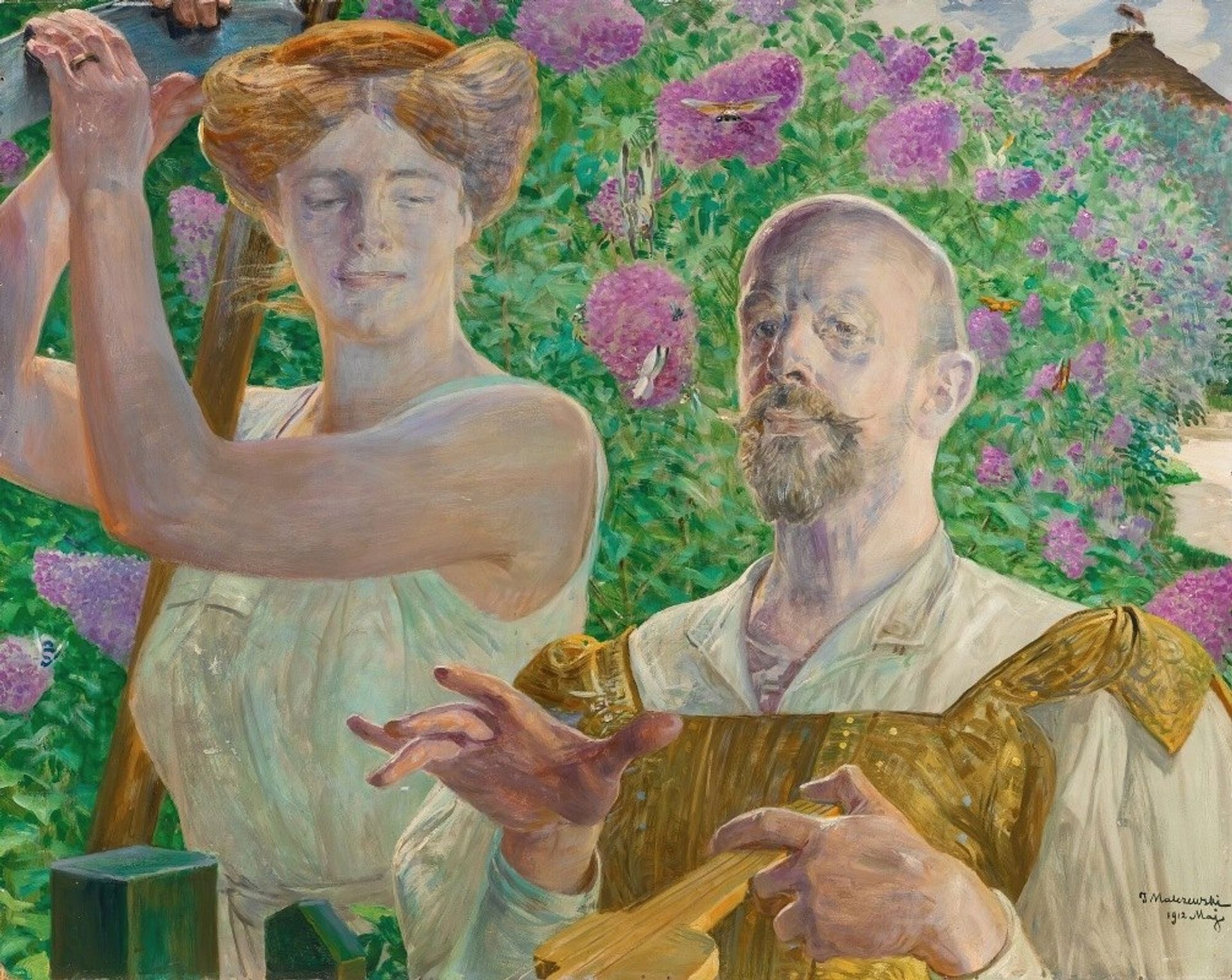 Self-portrait with muse and buddleia by Jacek Malczewski