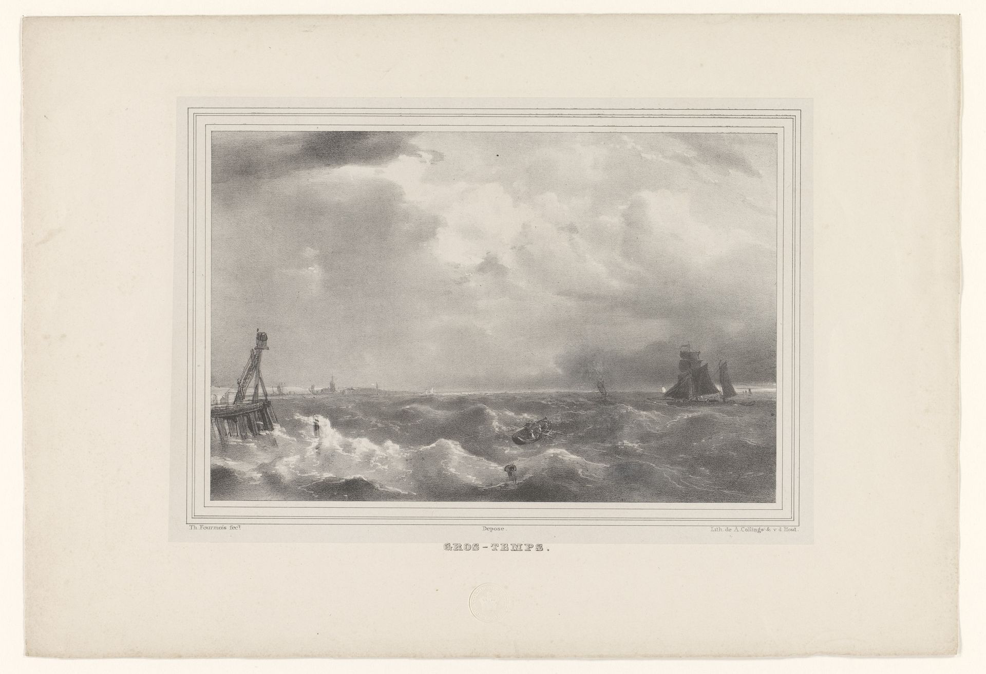 Gezicht op een ruwe zee met schepen by Théodore Fourmois