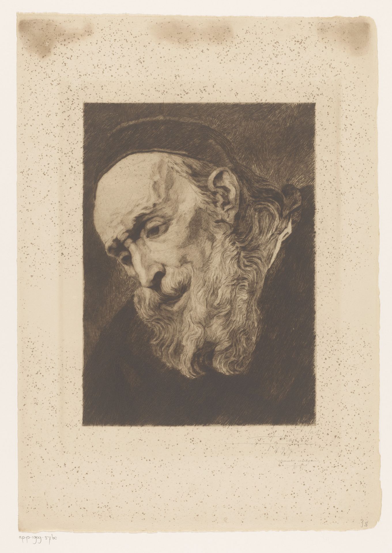 Hoofd van een omlaag kijkende bebaarde oude man by Auguste Danse
