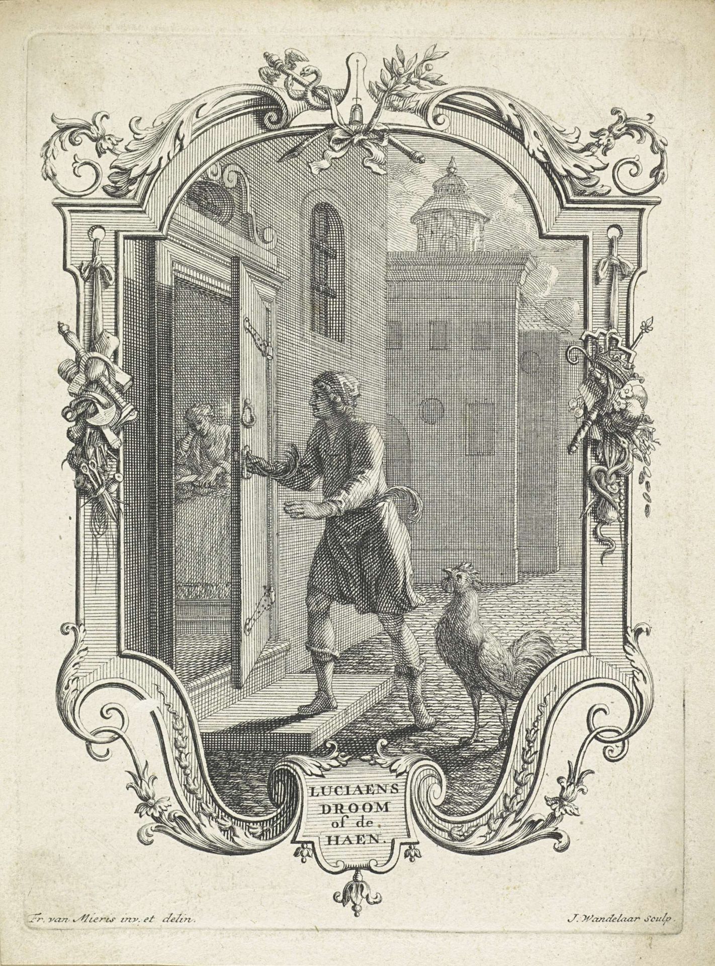 Een man en een haan bij een huis by Jan Wandelaar