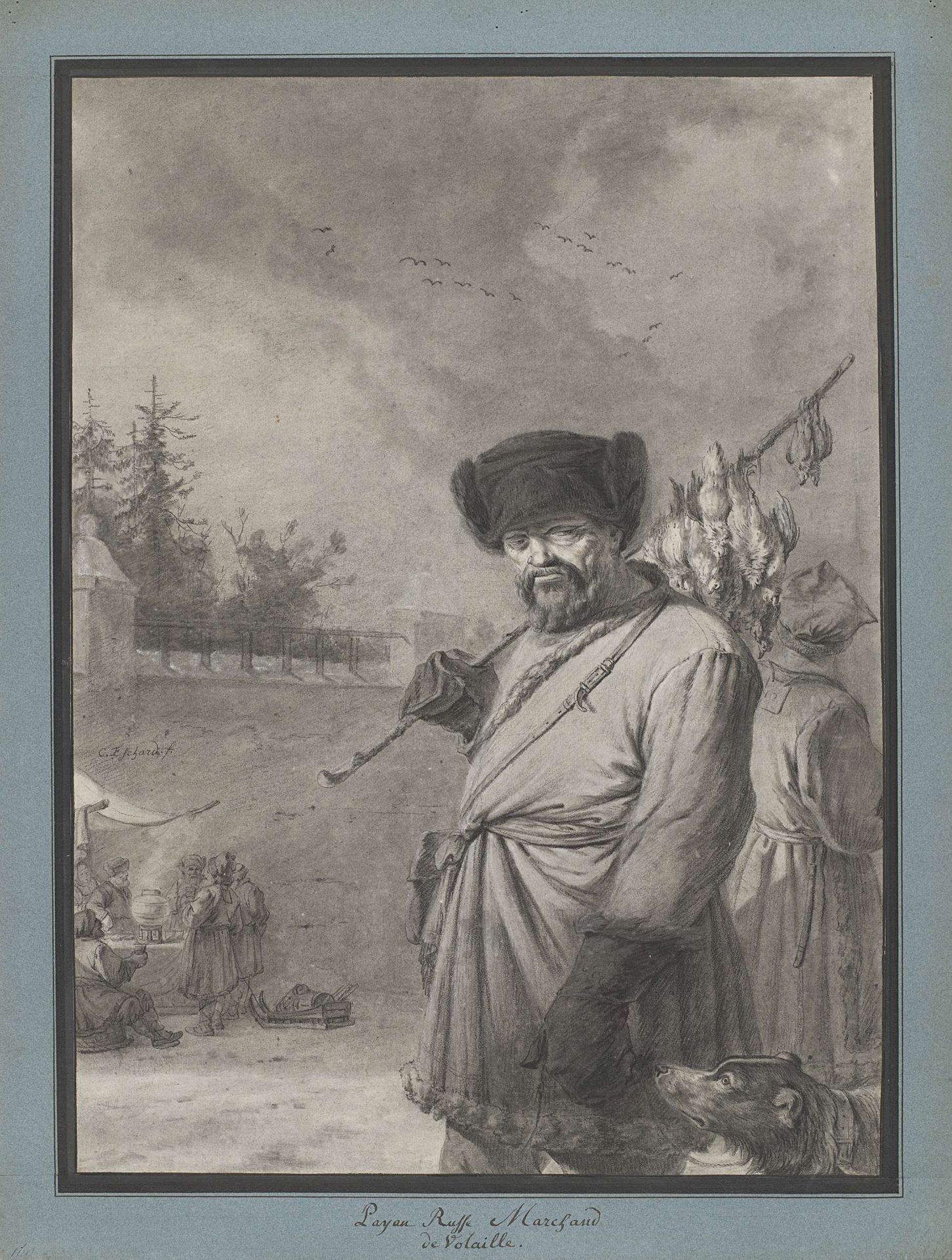 Russische boer met gedode vogels aan een stok by Charles Echard