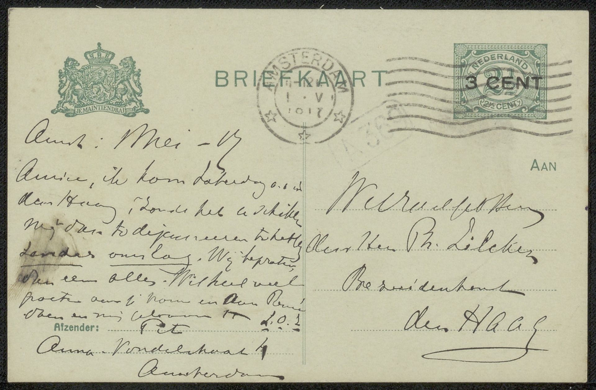 Briefkaart aan Philip Zilcken by Adriaan Pit