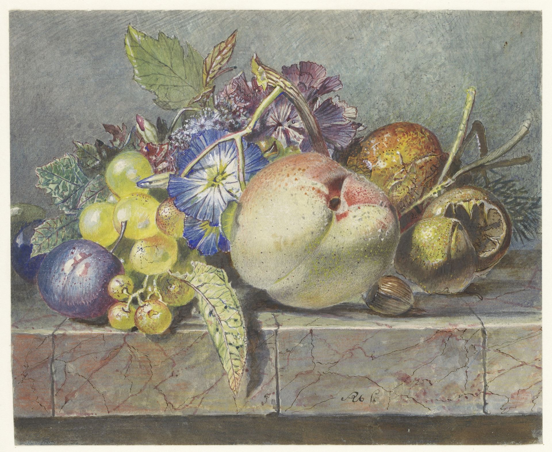 Vruchten- en bloemstilleven by Albertus Steenbergen