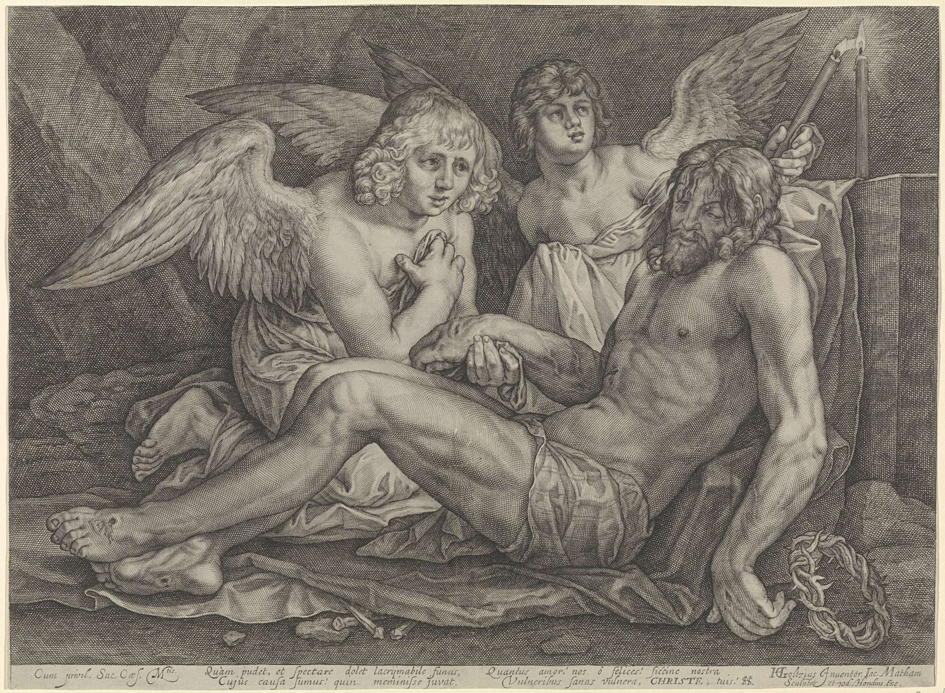Christus in de graftombe, met twee engelen by Jacob Matham