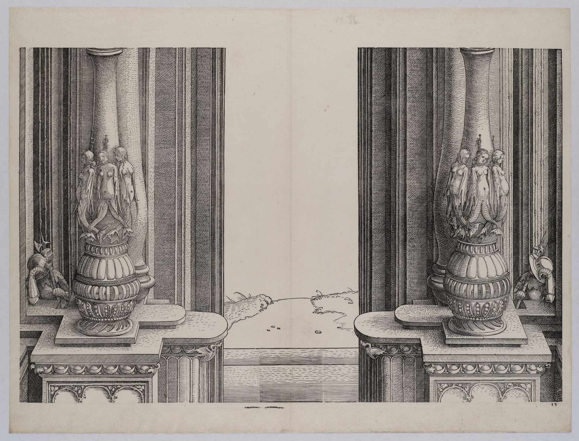 The Middle Section of the Entryway to the Central Portal, the Columns Decorated by Sirens and Sleeping Soldiers Behind, from the Arch of Honor, proof, dated 1515, printed 1517-18 by Albrecht Durer