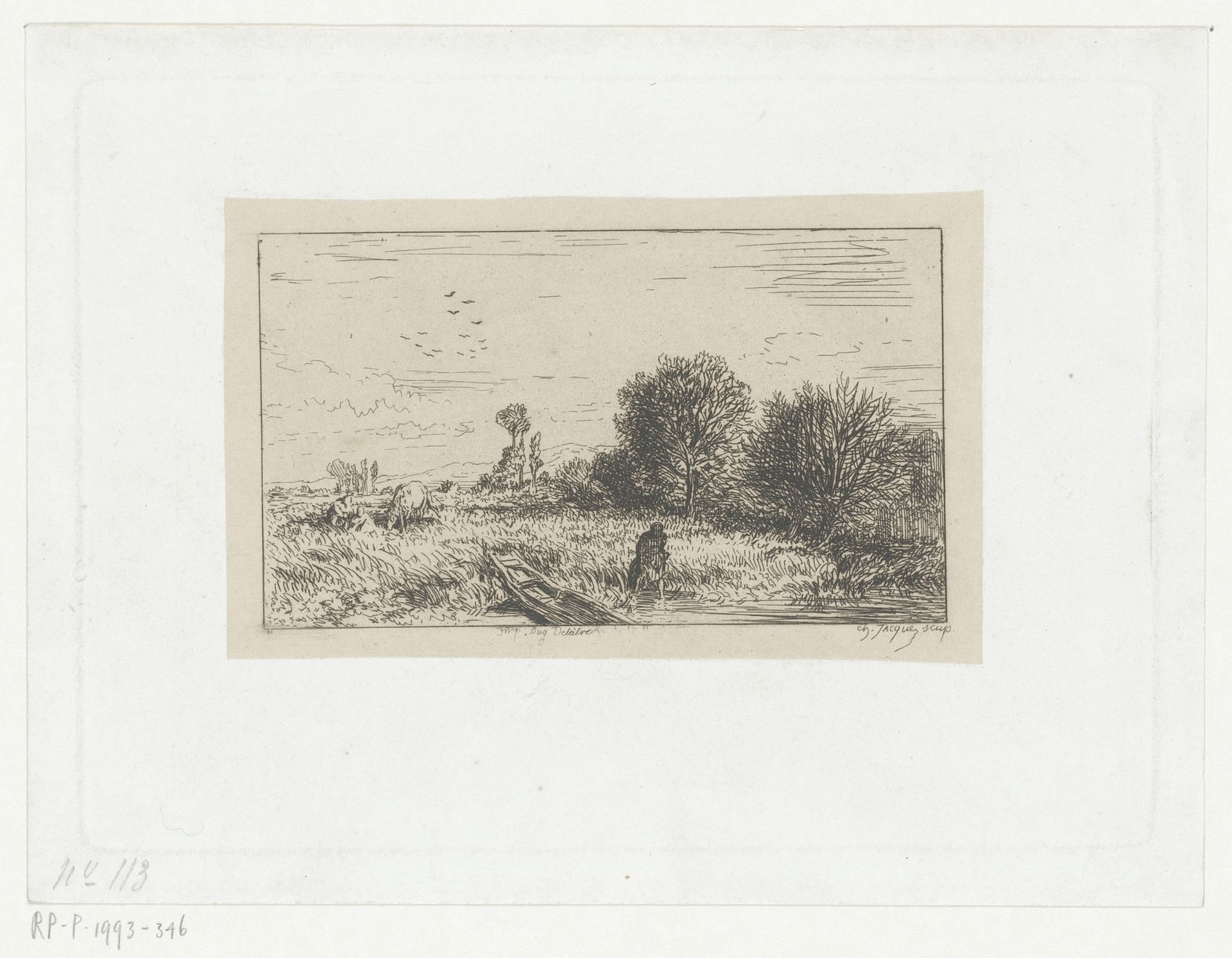 Landschap met figuur in het water bij een roeiboot by Charles Jacque