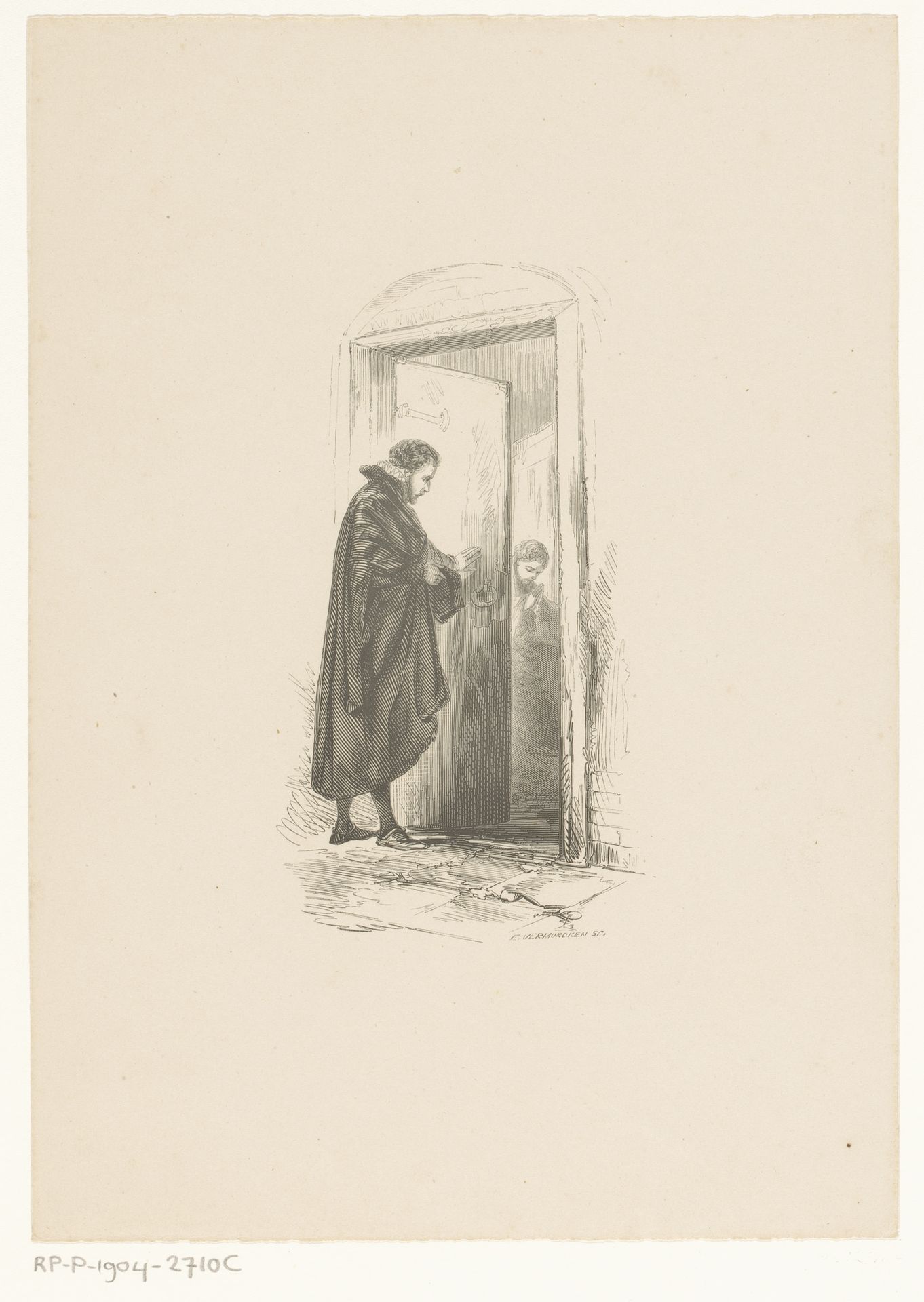 Man opent een deur met daarachter een monnik by Edouard Vermorcken