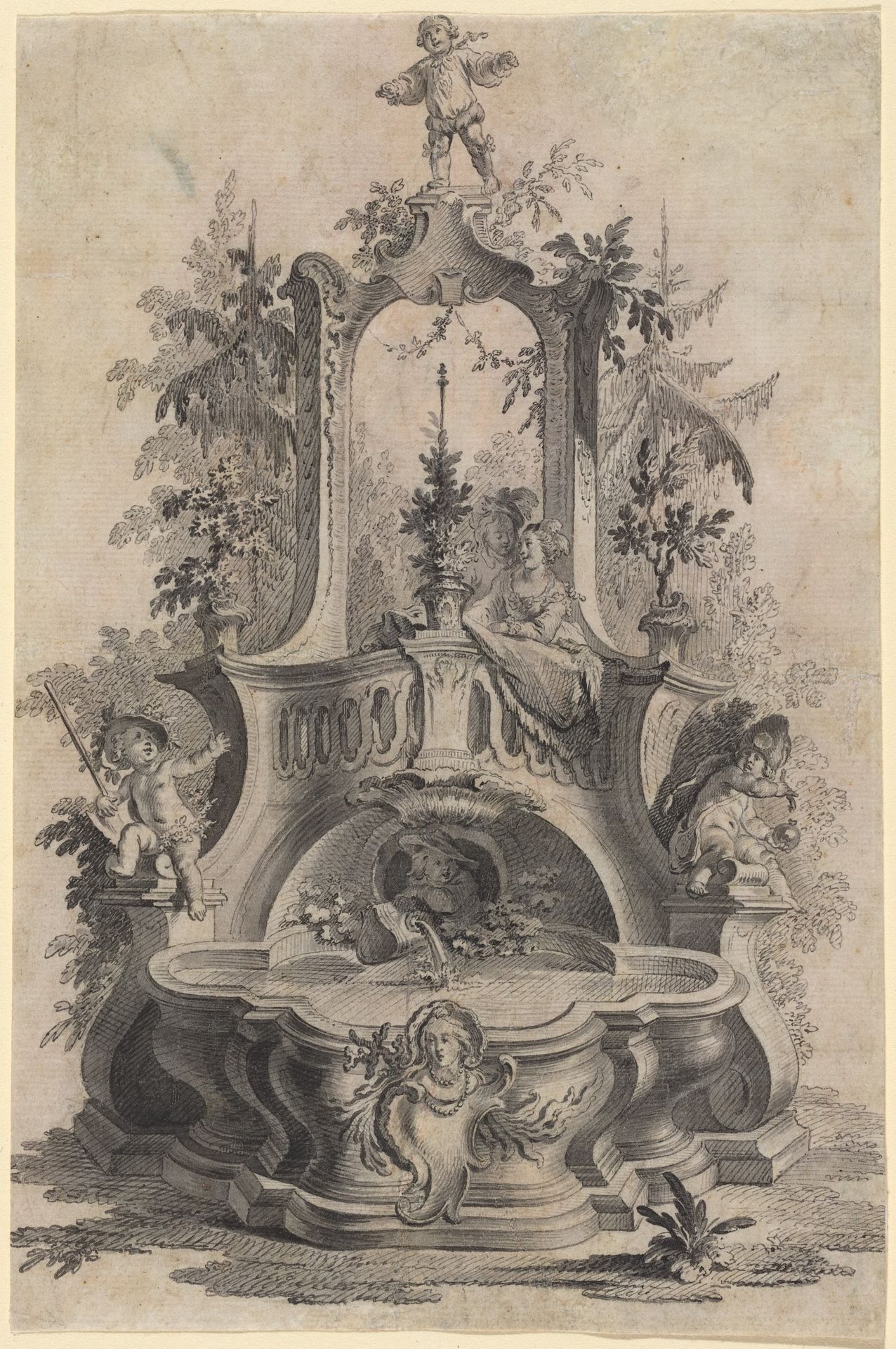 Rococo Fountain with Lovers and the Four Elements by Johann Esaias Nilson