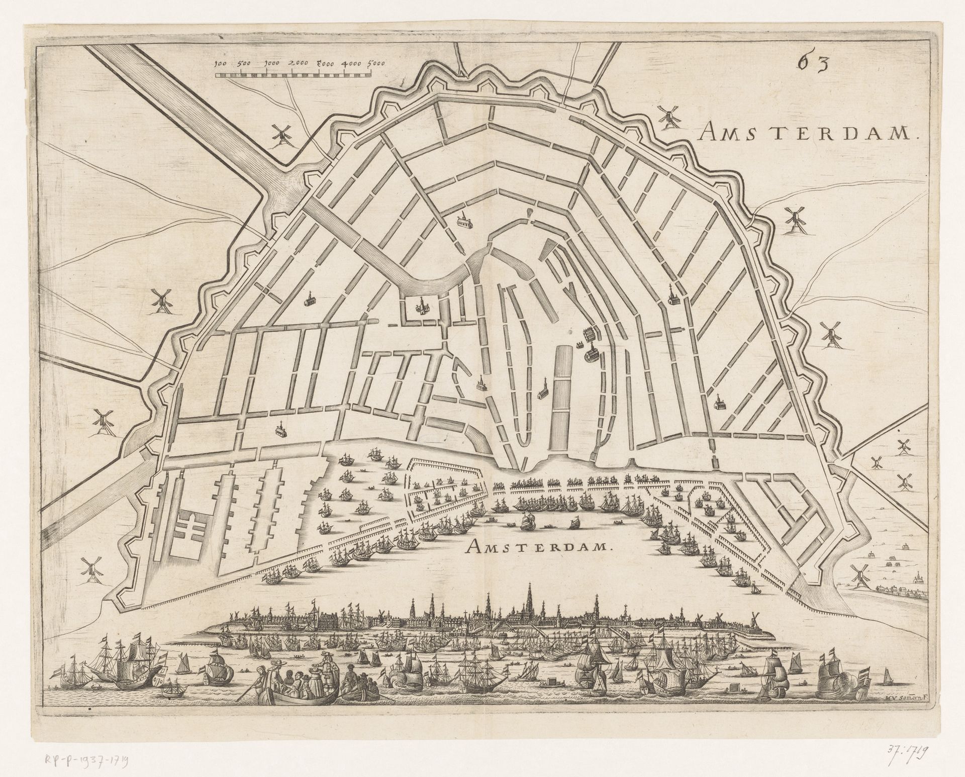 Vestingplattegrond van Amsterdam met een gezicht op de stad vanaf het IJ by Matthias van Sommer