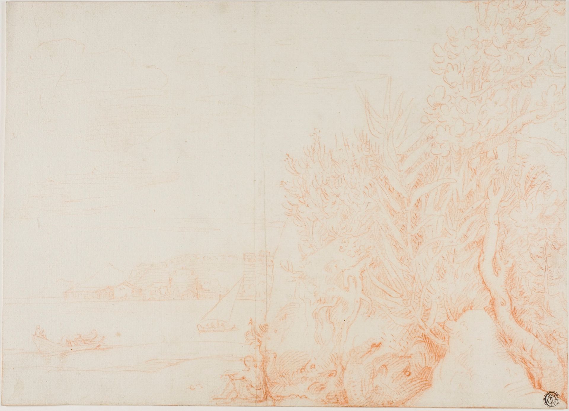 View of Harbor, with Figure and Vegetation in Foreground by Anonymous
