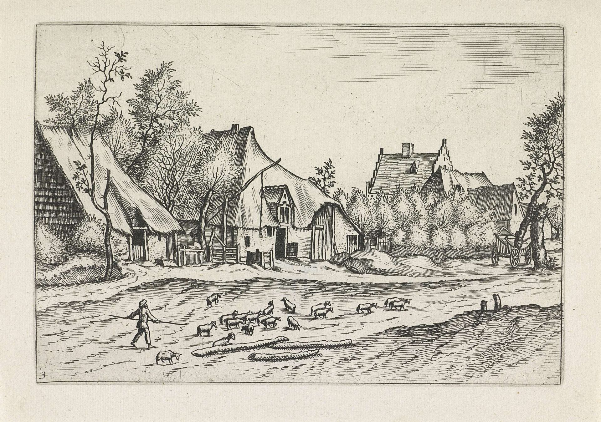 Dorpsweg met kudde schapen by Johannes of Lucas van Doetechum