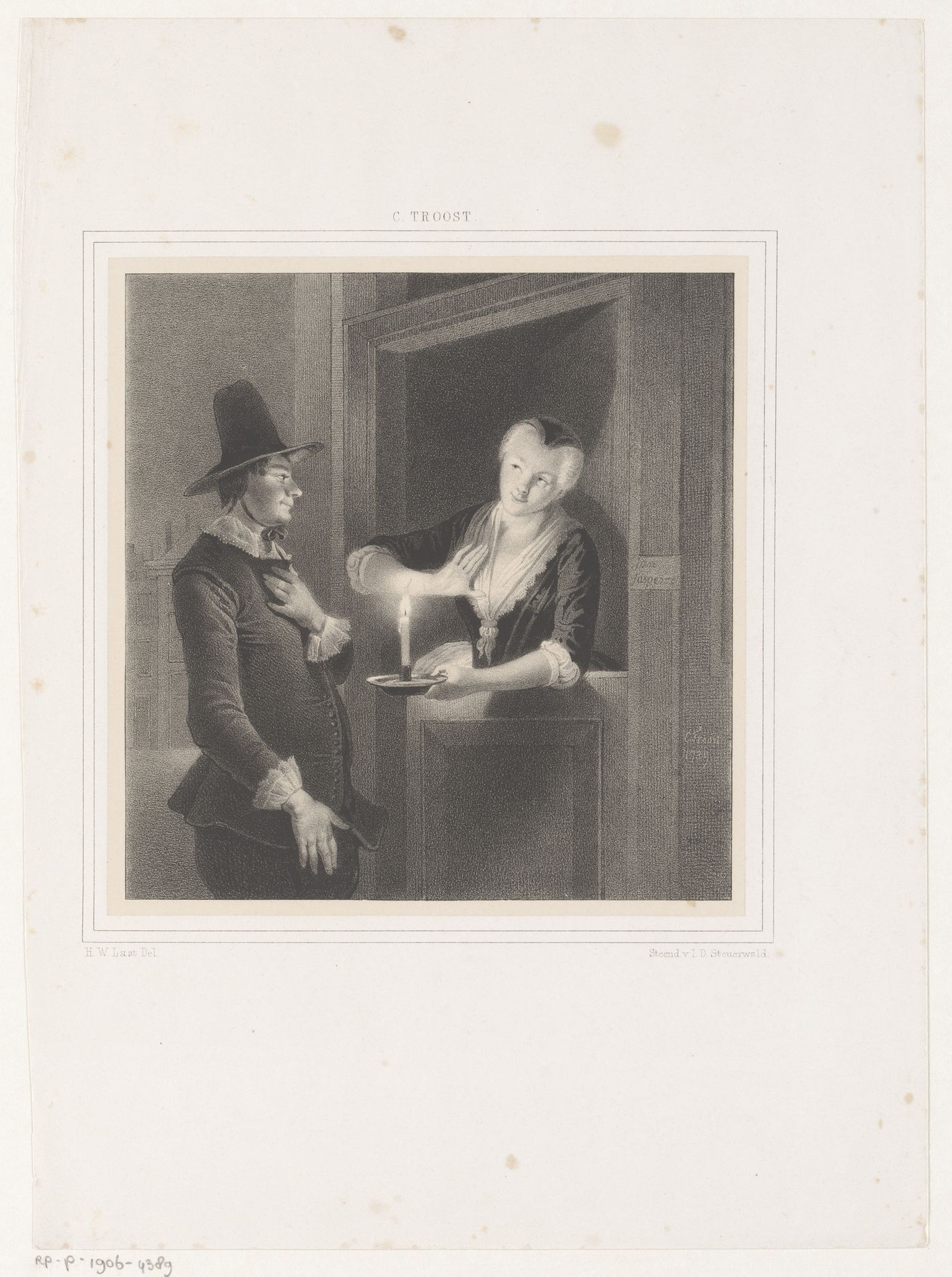 Scène uit de komedie 'Jan Klaasz. of de gewaande dienstmaagd': de liefdesverklaring van Reinier Adriaansz by Hendrik Wilhelmus Last