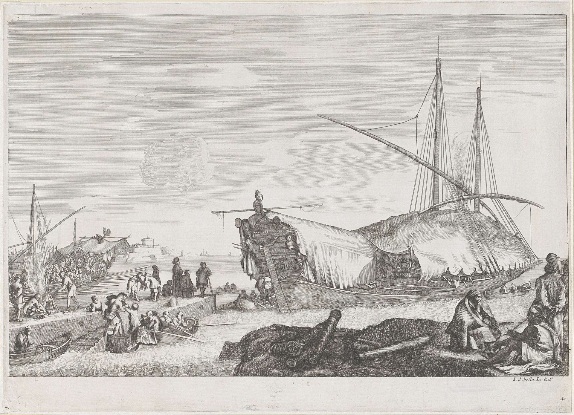Galeischip met afgedekte brug in de haven van Livorno by Anonymous