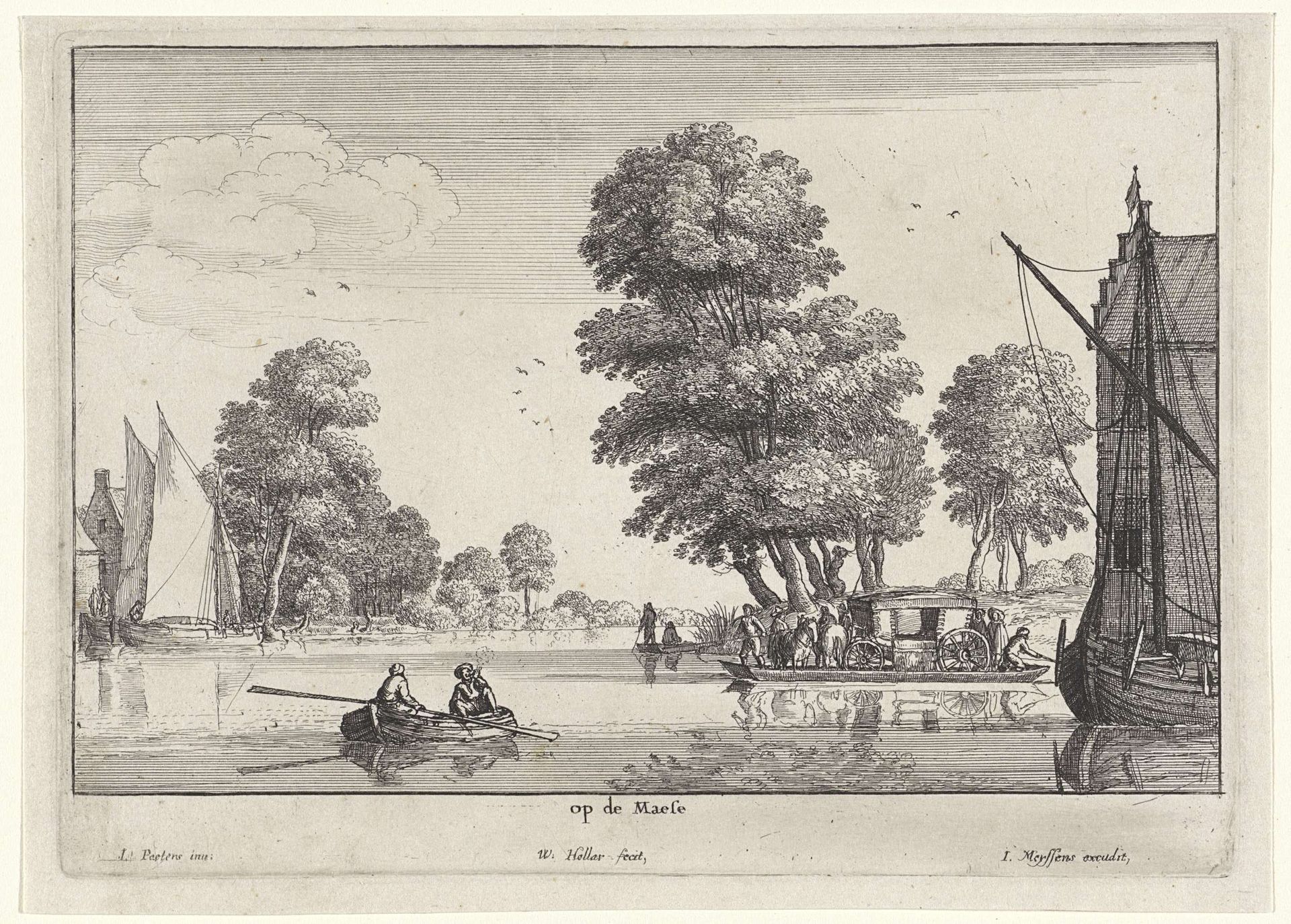 Gezicht op de Maas met veerpont by Wenceslaus Hollar