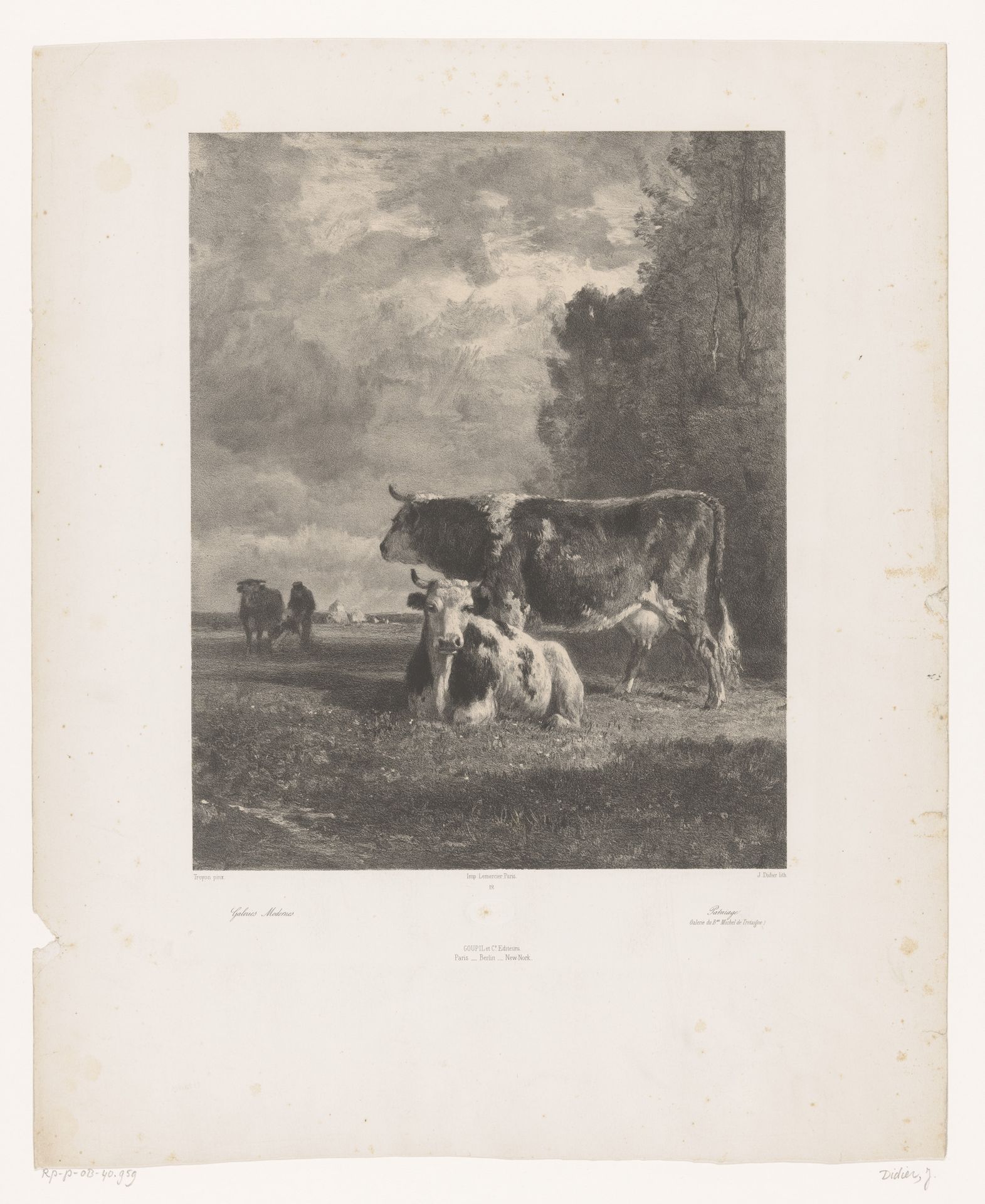 Drie koeien en een boer in een weiland by Jules Didier