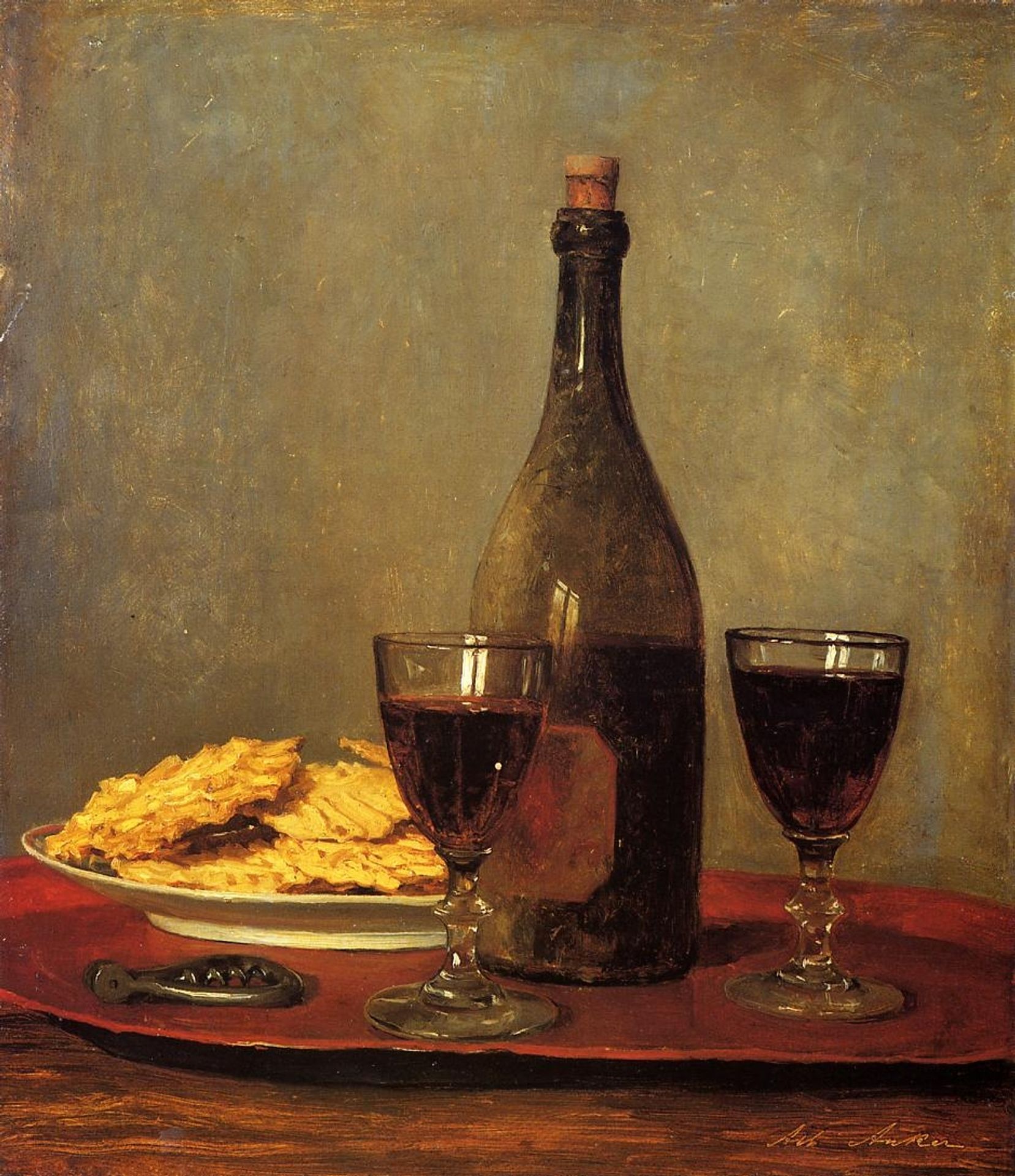 Still Life: Two Glasses of Red Wine, a Bottle of Wine, a Corkscrew and a Plate of Biscuits on a Tray by Albrecht Anker