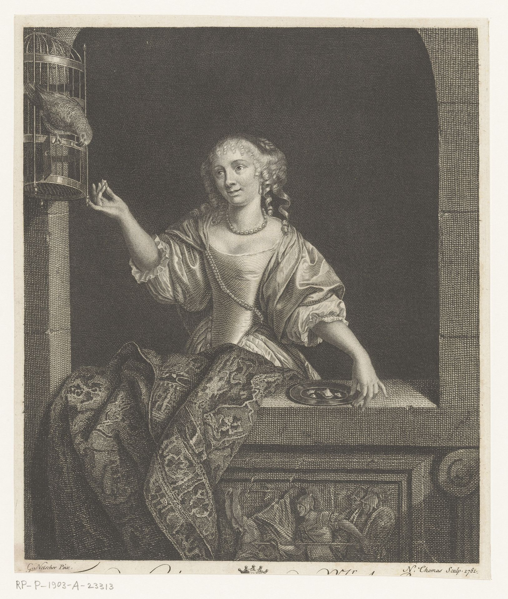 Meisje in een venster voert een papegaai by N. Thomas