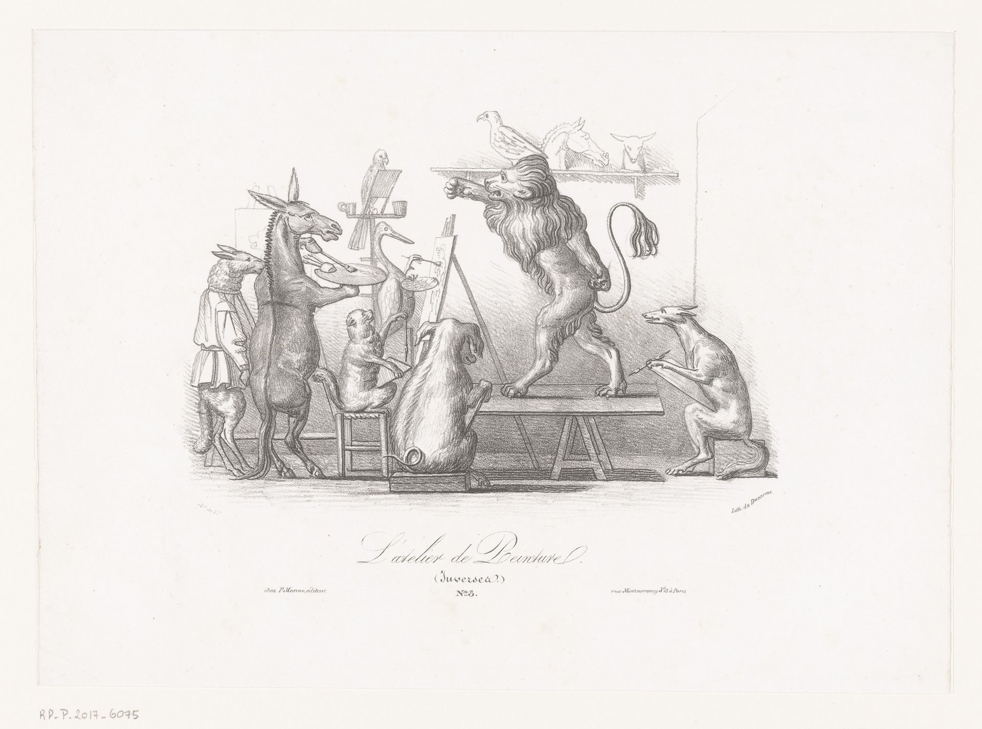 Atelier met verschillende dieren die een leeuw naschilderen by Pierre François Ducarme