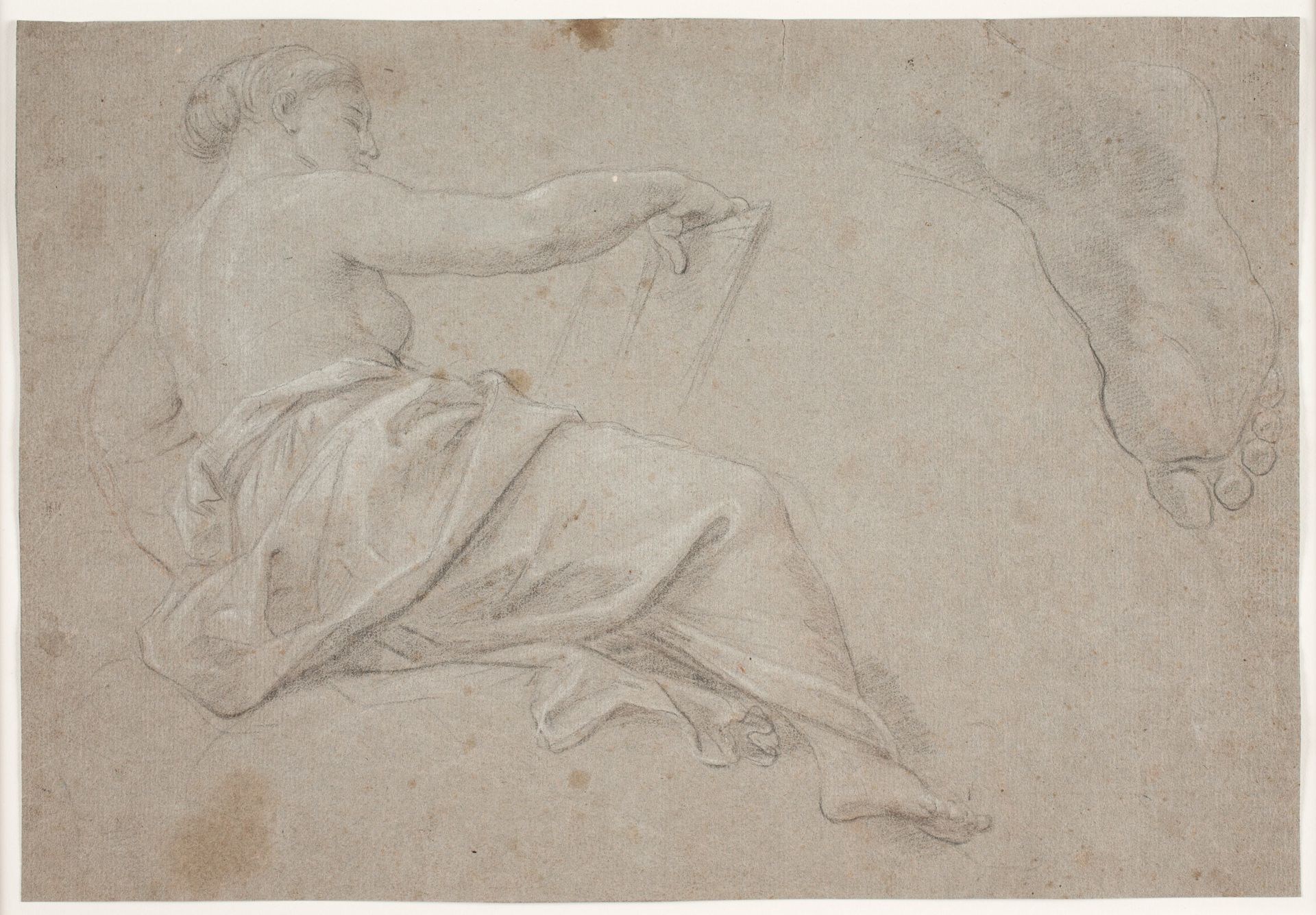 Halvtliggende, draperet kvindeskikkelse med en bog. Studie af en fod by Hendrik Krock