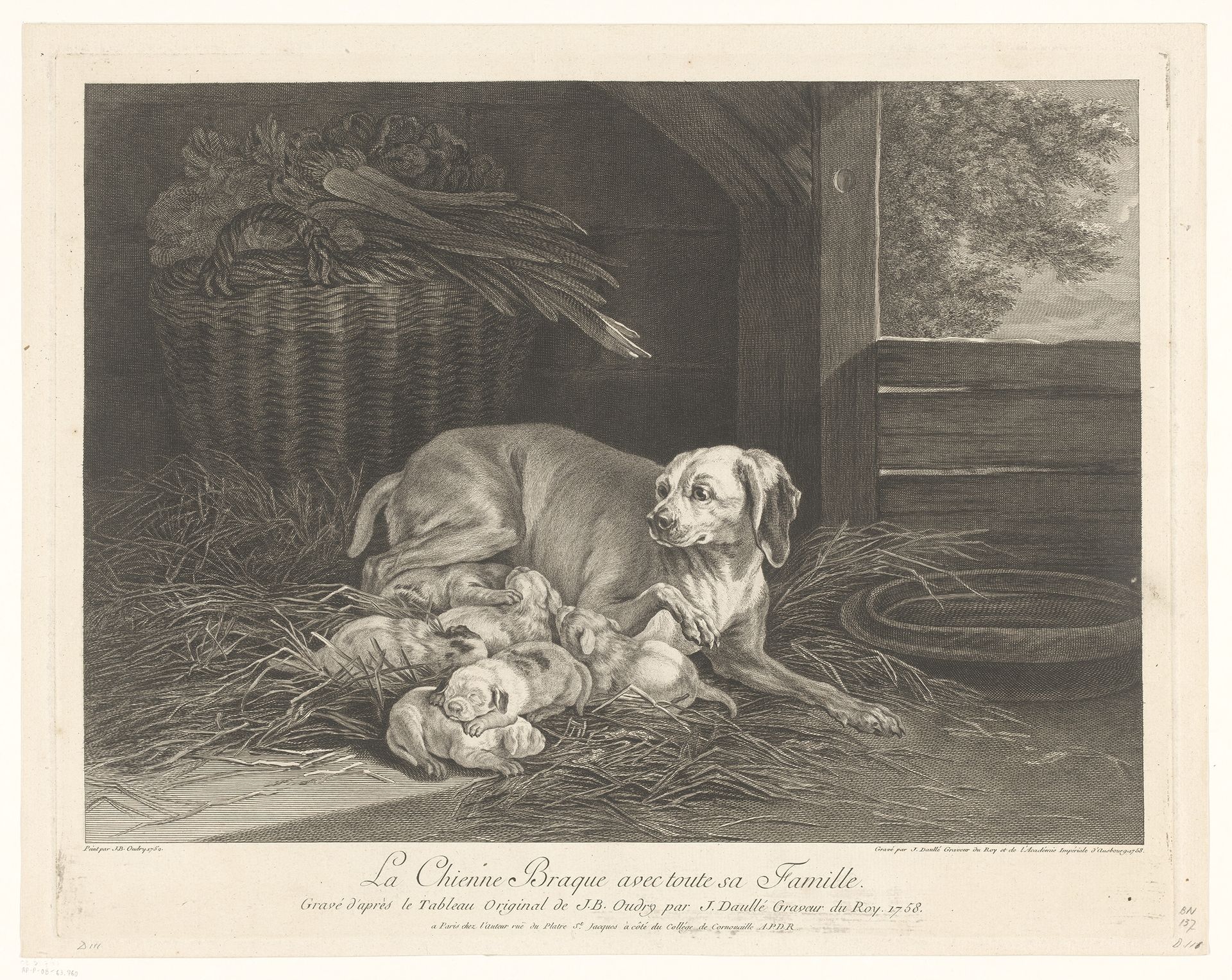 Bracke-hond met jongen in een stal by Jean Daullé