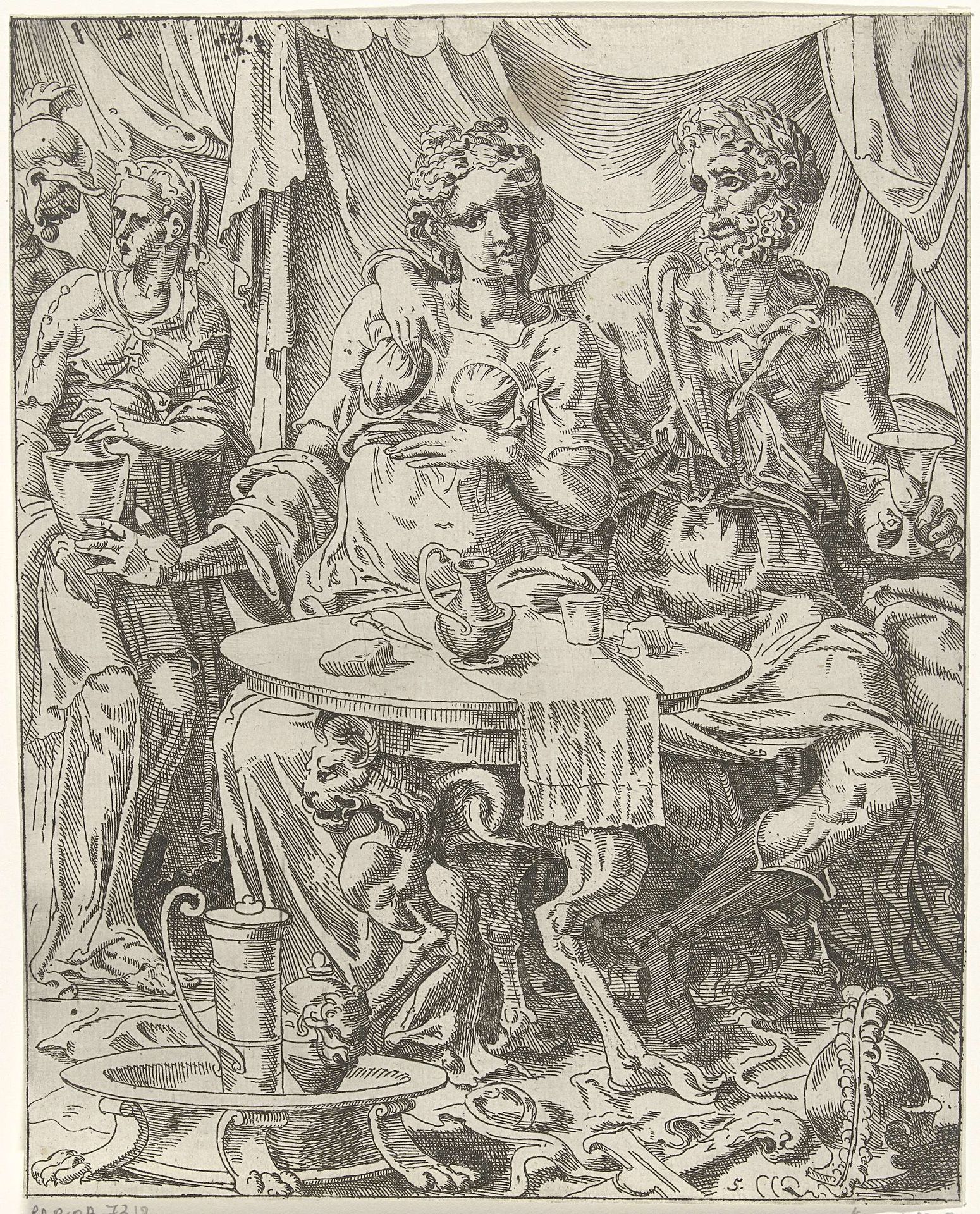Judit en Holofernes genieten van een feestmaal by Dirck Volckertsz Coornhert