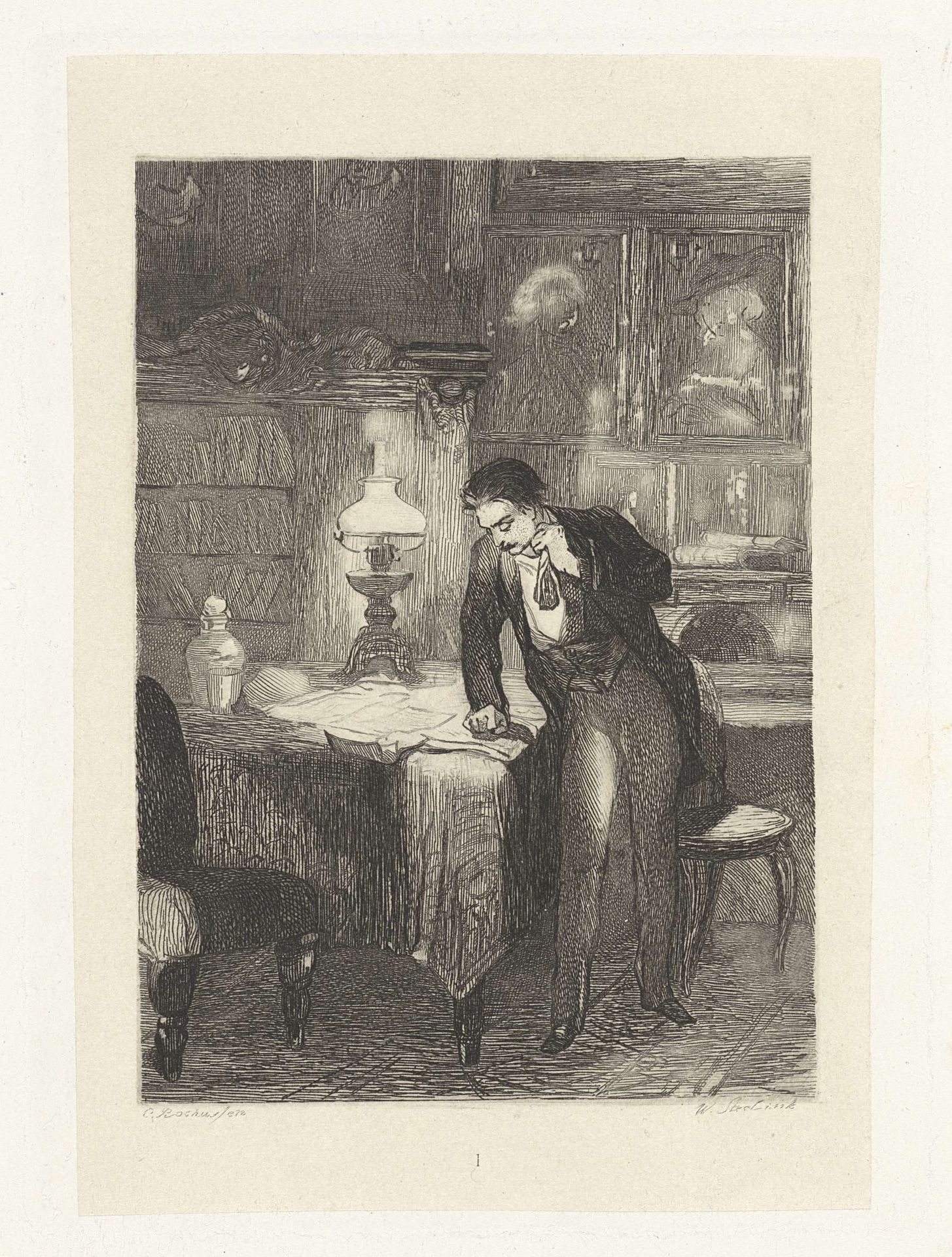 Man staande bij een tafel met paperassen by Willem (I) Steelink