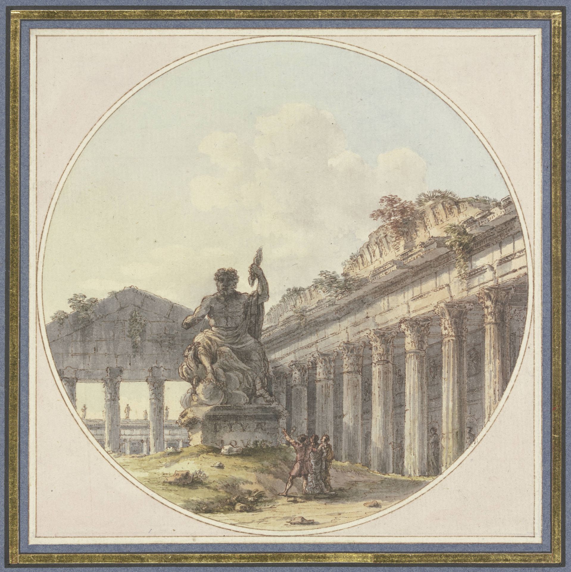 Architektonisches Capriccio_ Inneres einer Tempelruine mit einer Statue des Jupiter tonans und Figurenstaffage by Victor Jean Nicolle