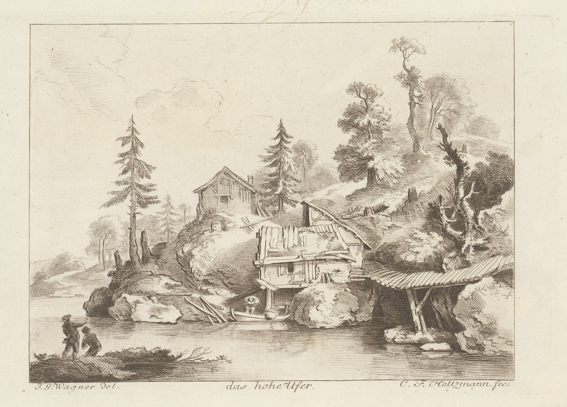 Heuvellandschap met twee hutten aan het water by Carl Friedrich Holtzmann