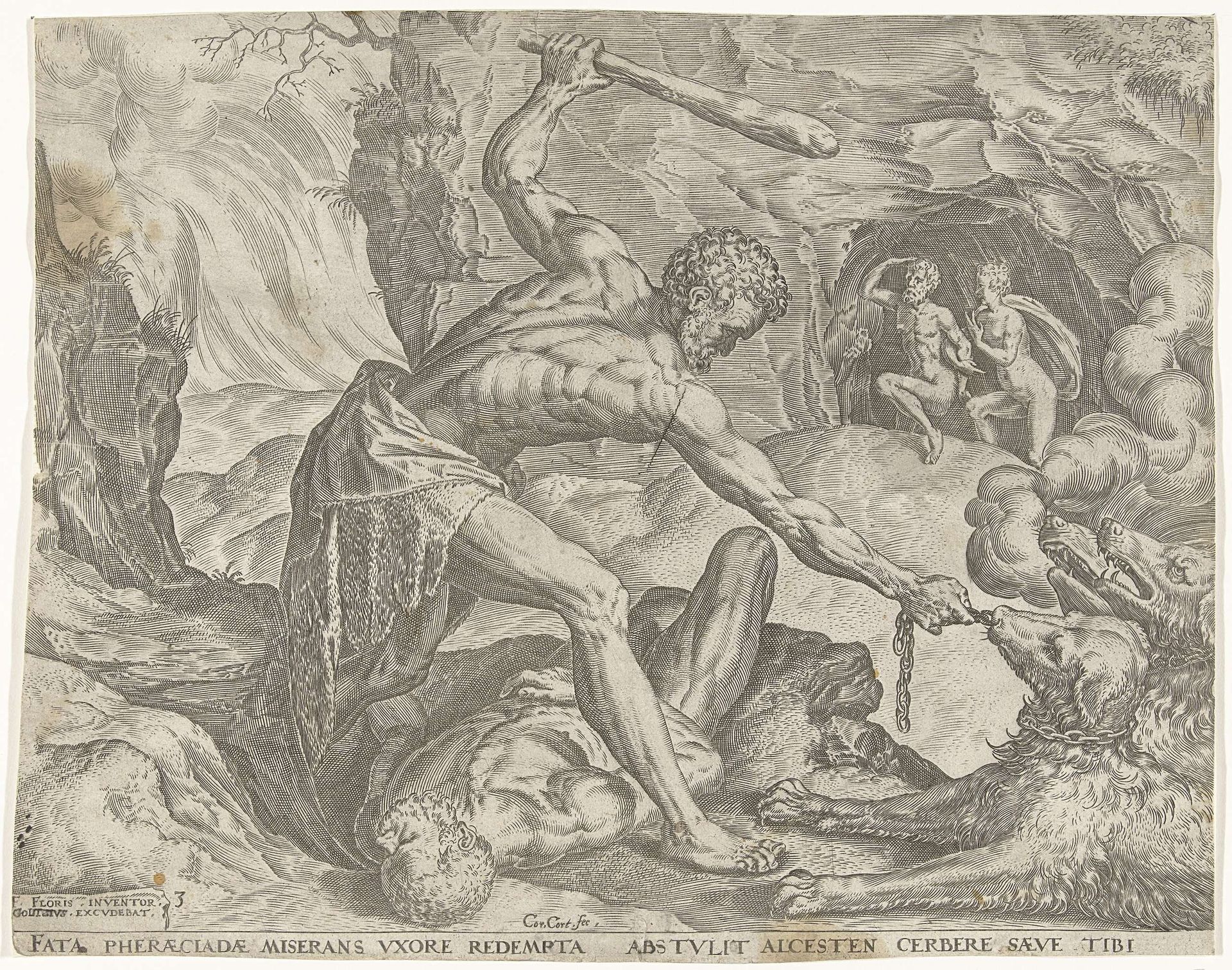 Hercules sleept Cerberus de hel uit by Cornelis Cort