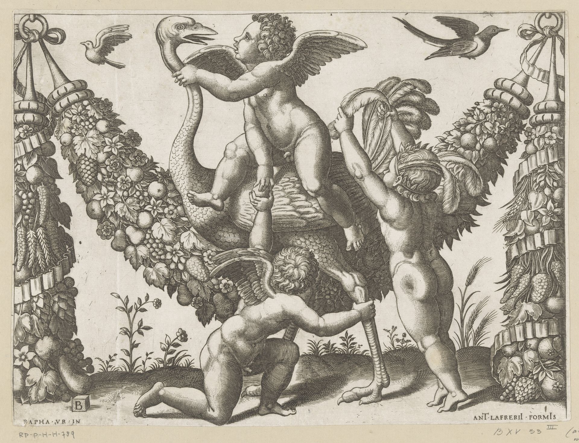 Drie putti en een struisvogel by Meester van de Dobbelsteen