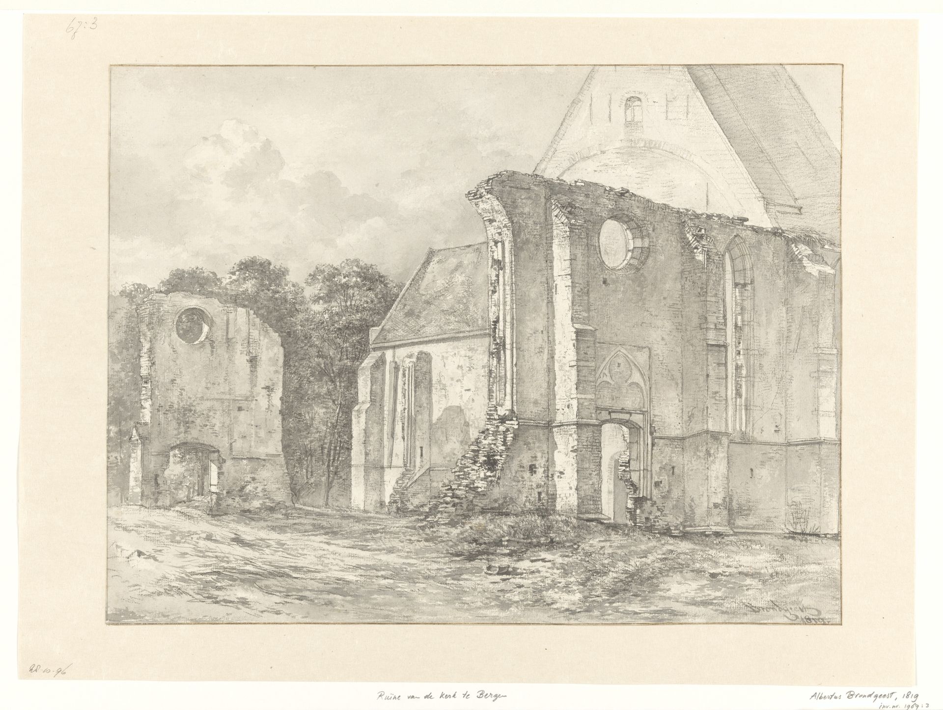 De kerkruïne te Bergen by Albertus Brondgeest