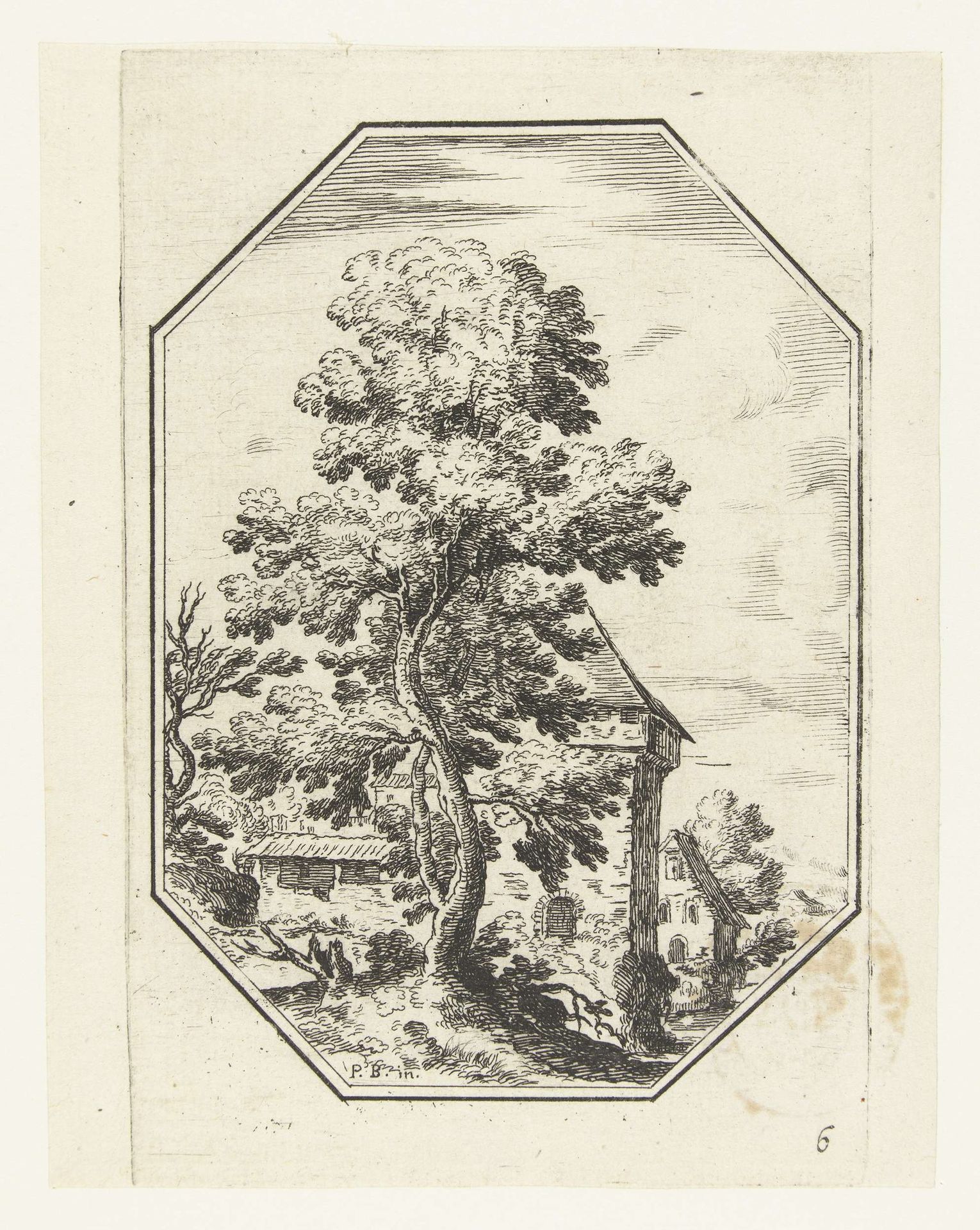 Landschap met grote boom in octagonaal kader by Anonymous
