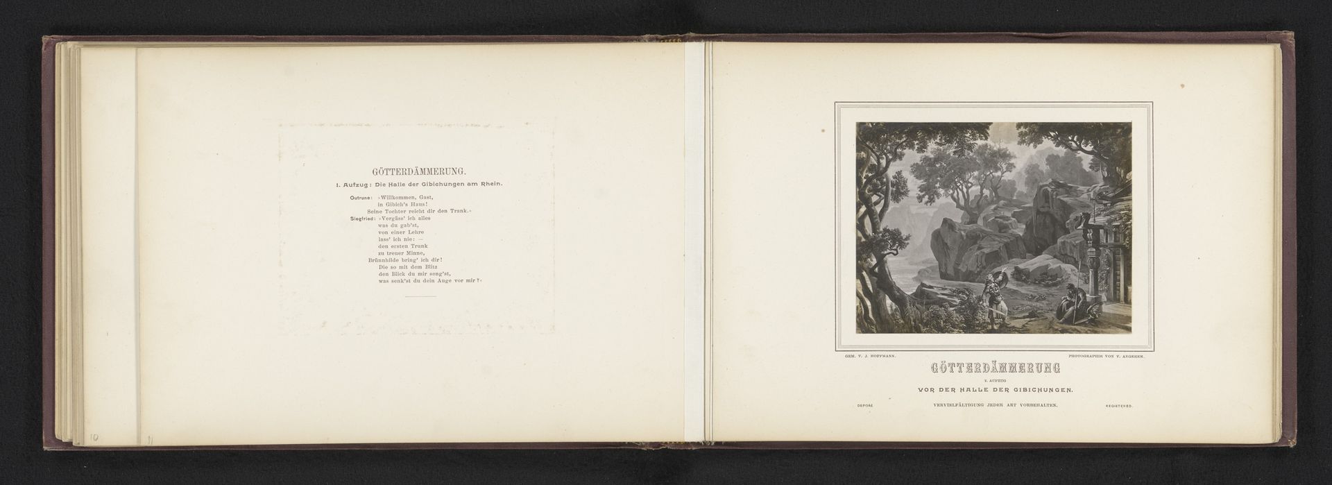 Fotoreproductie van een schilderij, voorstellende Siegfried komt aan bij de Hof van de Gibichungen by Victor Angerer