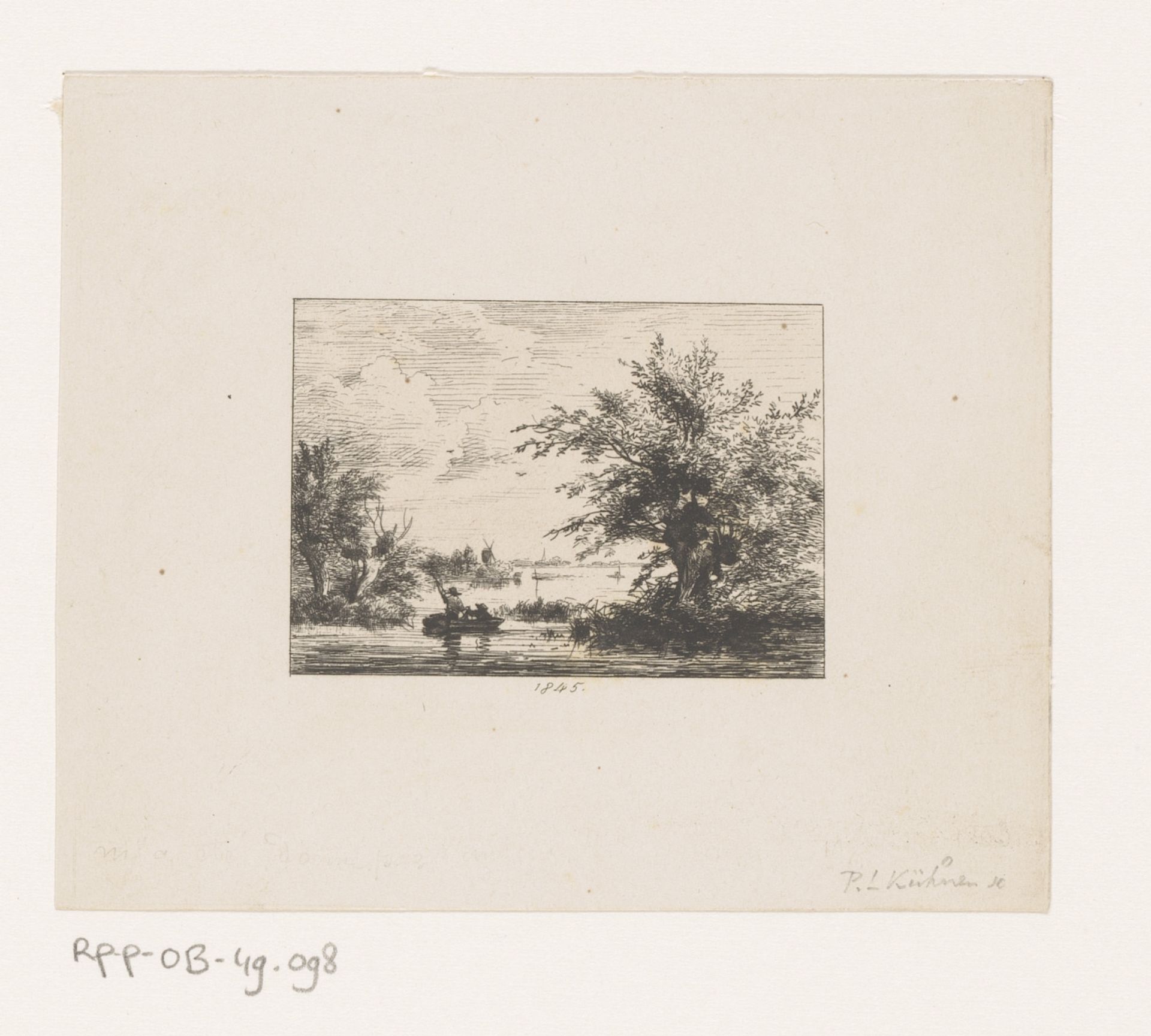 Landschap met roeiboot op het water by Pierre Louis Kuhnen