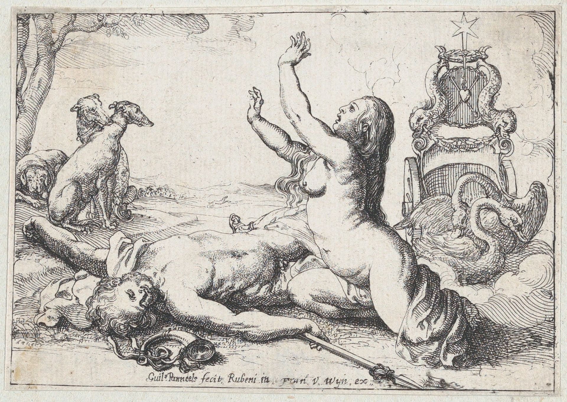 Venus mourning Adonis, who lies on the ground at left with his dogs behind him by Willem Panneels