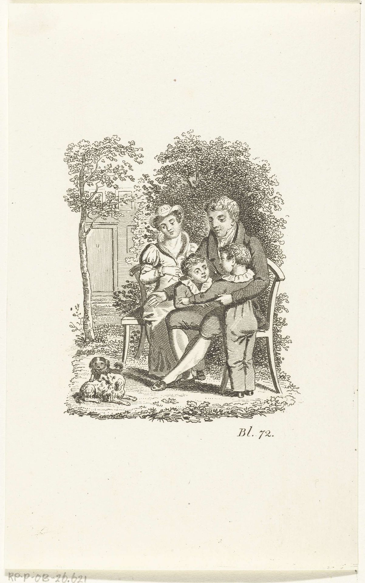 Vader met twee jongens in zijn armen en moeder, zittend in tuin bij twee honden by Johannes Alexander Rudolf Best