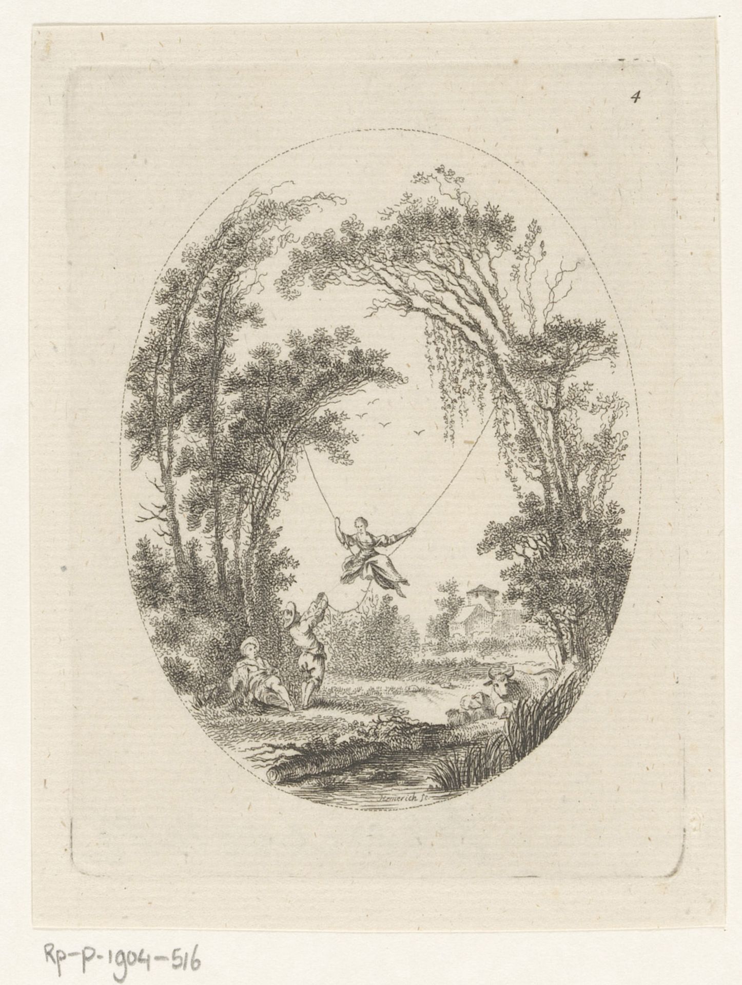 Landschap met schommelende vrouw by Cornelius Heinrich Hemerich