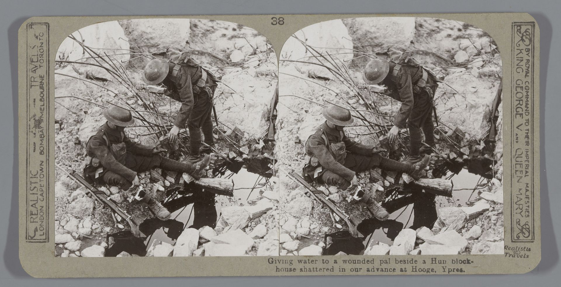 Giving water to a wounded pal beside a Hun blockhouse shattered in our advance at Hooge, Ypres by Realistic Travels