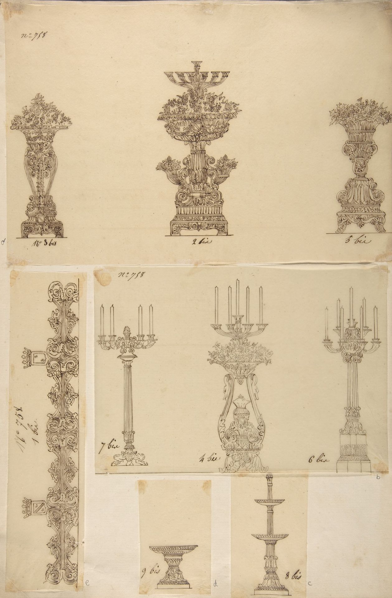 Designs for Three Planters, Three Candelabras, a Dish and a Serving Tray by Anonymous