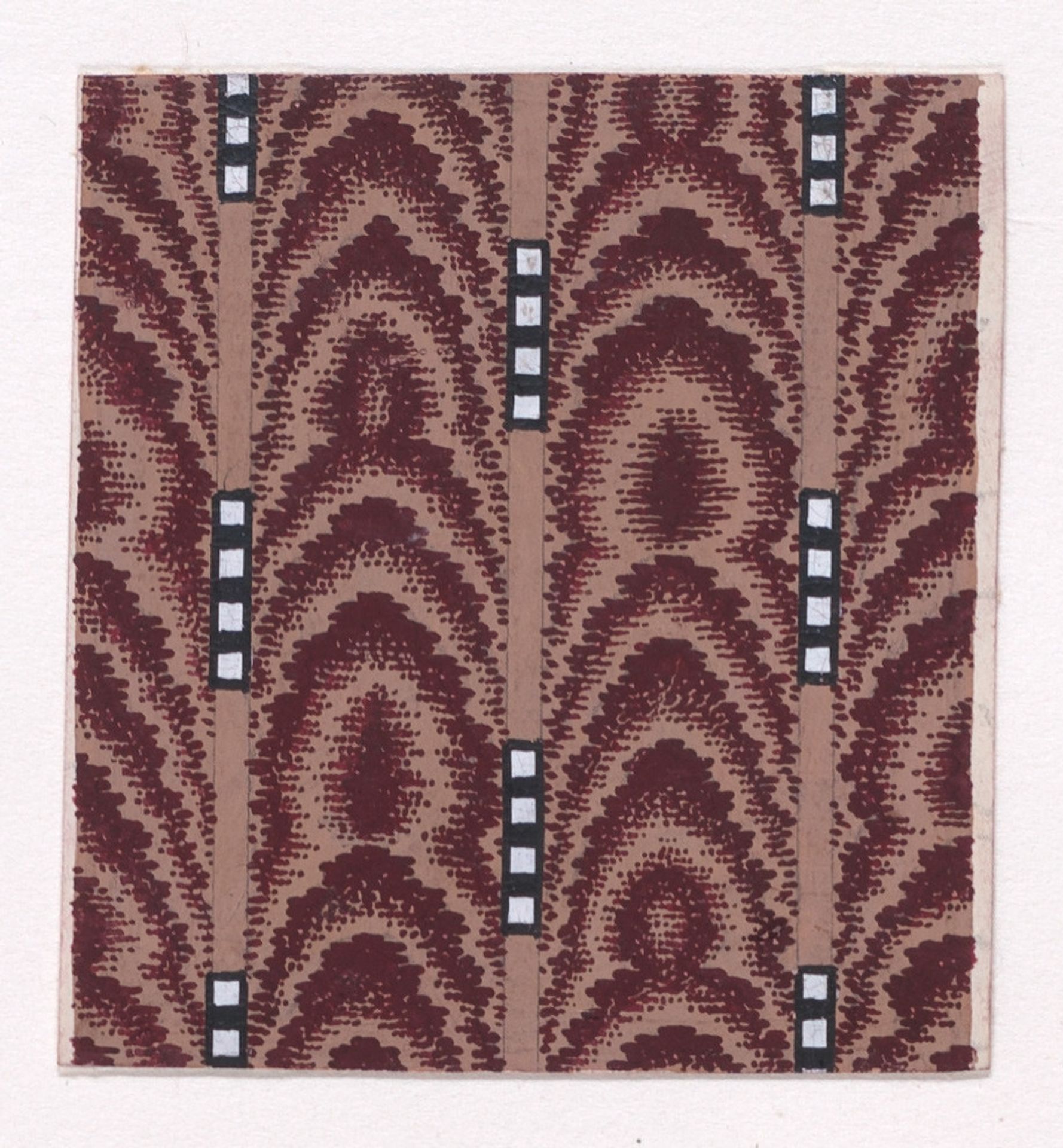 Textile Design of Vertical Stripes of Overlapping Scales Simulating Tie-Dye Framed by Alternating Vertical Strings of Squares by Anonymous