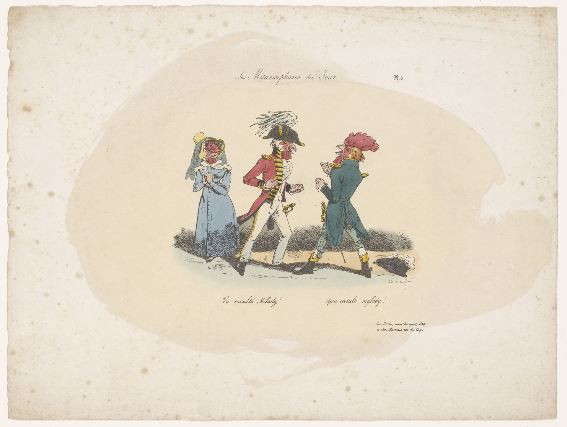 Twee hanen maken ruzie over een hen by Jean Ignace Isidore Gérard Grandville