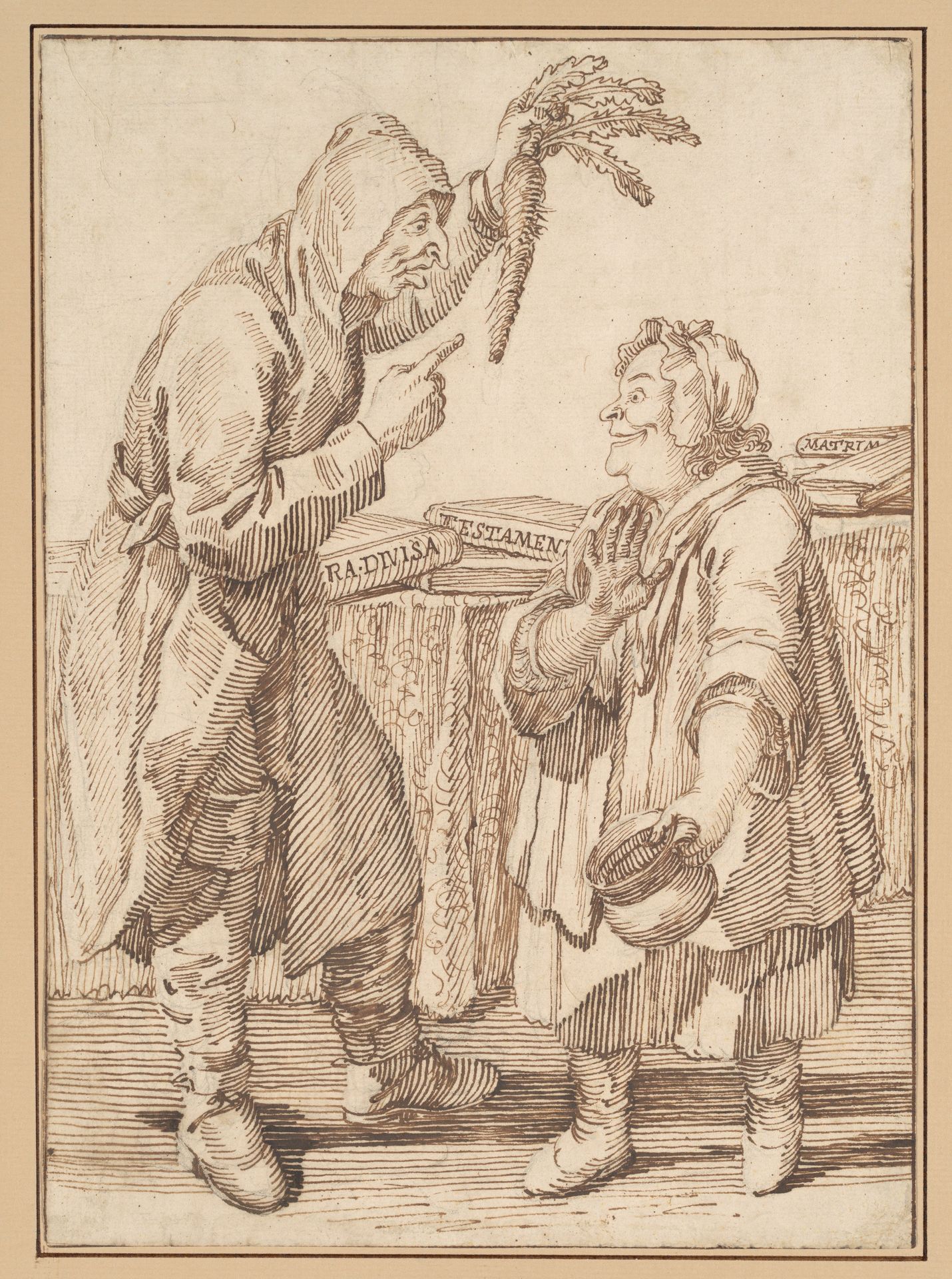 A Monk with a Carrot and a Woman with a Chamber Pot by Pier Leone Ghezzi