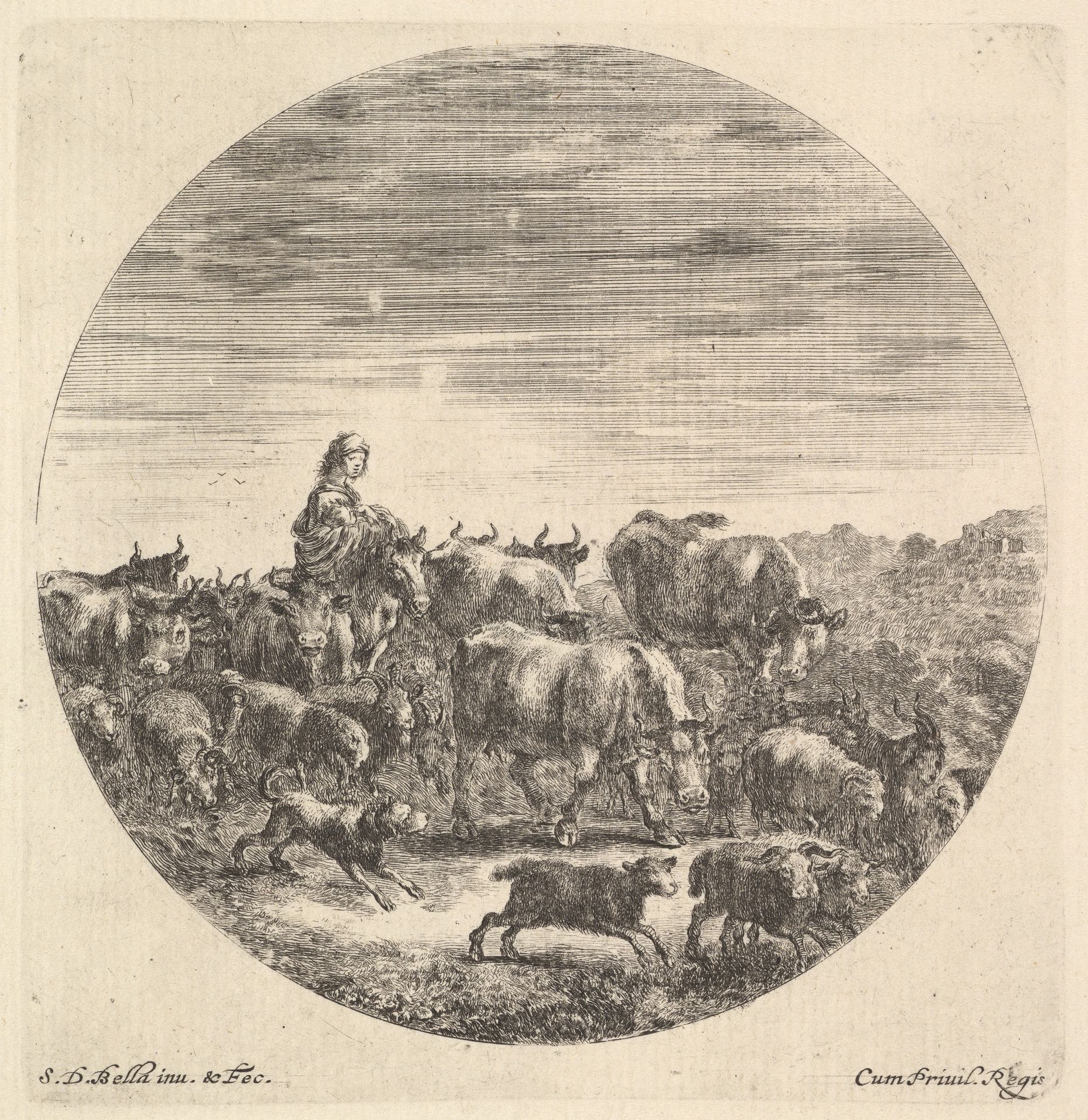 A peasant woman seated on a horse to left, facing right, surrounded by a herd of fcows, goats, sheep, and dogs, a round composition, from 'Six animal subjects' (Six sujets d'animaux) by Stefano della Bella