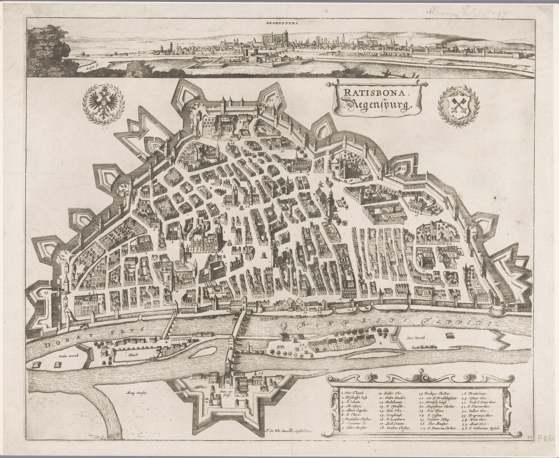 Plattegrond en gezicht op Regensburg by Wenceslaus Hollar