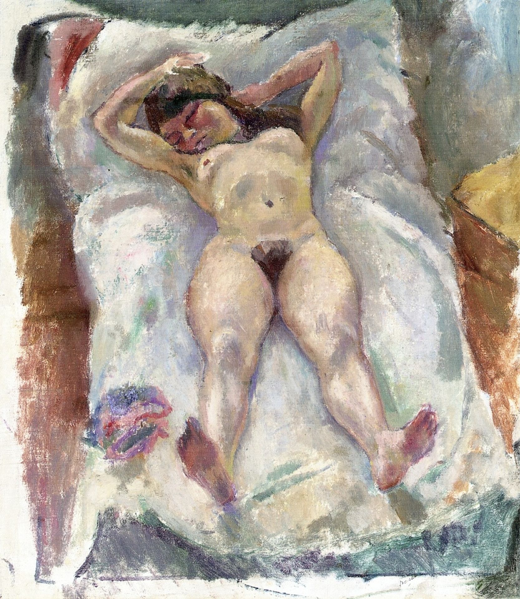 Woman Lying Down with Her Arms Raised by Jules Pascin