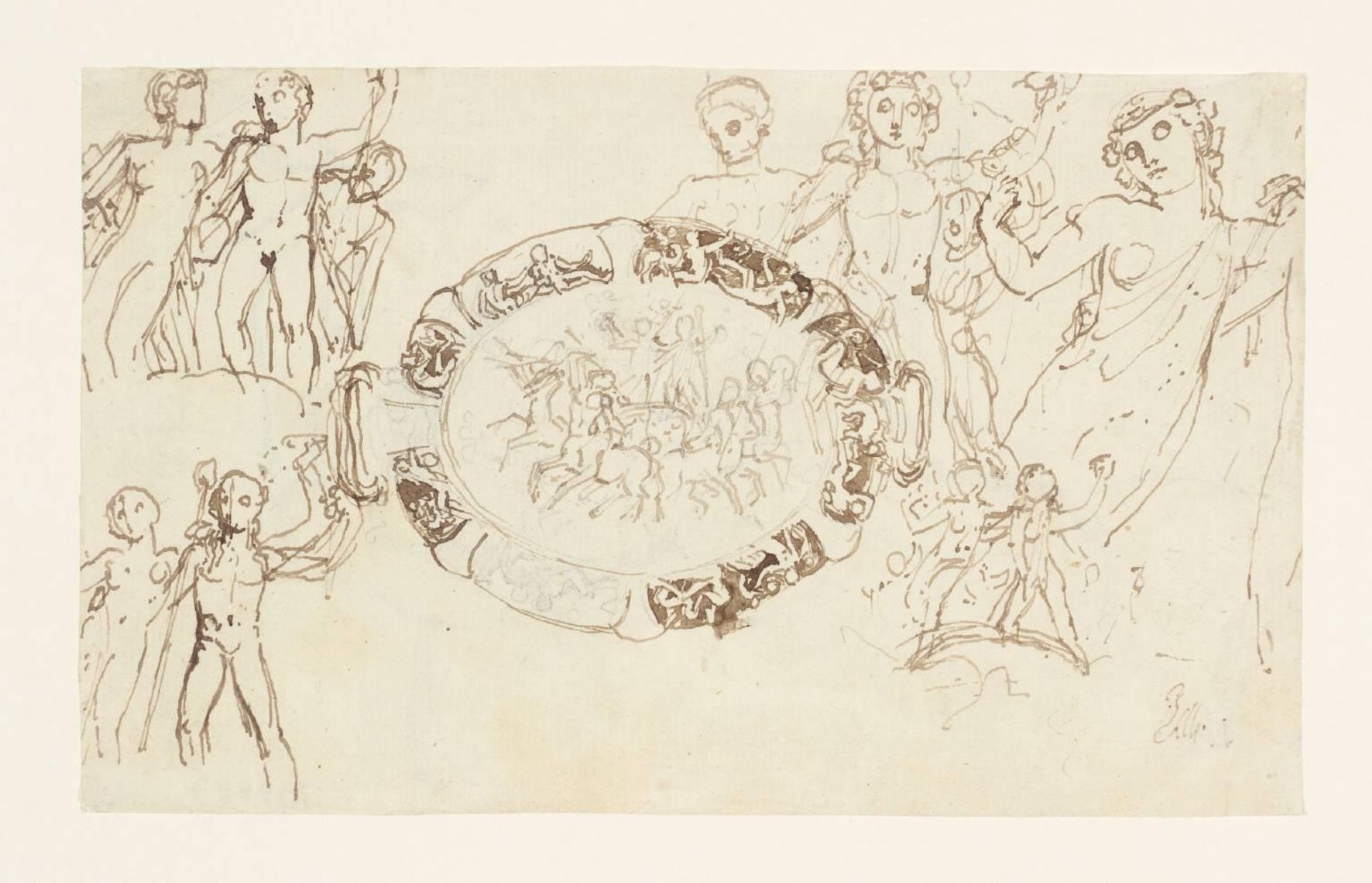 Study for the Wellington Shield: Design for the Shield, Surrounded by Sketches of Various Figures. Verso: Studies of Horses’ Legs by Thomas Stothard