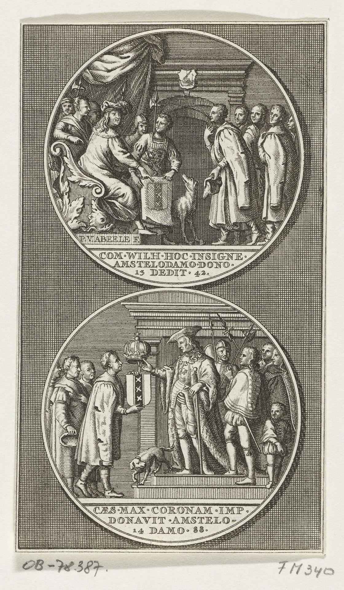 Twee voorstellingen op penningdoos: schenking van het nieuwe wapen van Amsterdam, 1342; toevoeging van de keizerskroon, 1489 by Jan Goeree